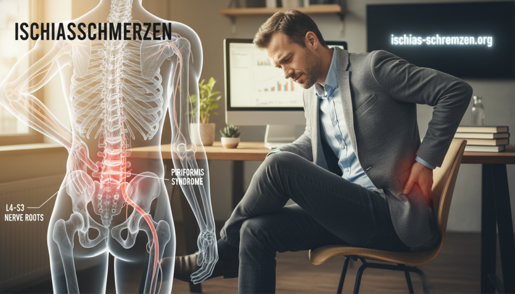 A visually striking illustration focusing on the anatomical aspects of "Ischiasschmerzen" and nerve irritation. In the foreground, a detailed anatomical diagram showing the lower back, spine, and sciatic nerve, highlighting common pain points. The middle layer features an individual seated in a professional setting, dressed in smart casual attire, demonstrating a posture that may exacerbate nerve irritation, with a gentle expression of discomfort. The background should consist of a soft-focus office environment, suggesting a typical work atmosphere, with warm, natural lighting to create a calming mood. Emphasize the concept of pain triggers related to sitting positions and nerve strain, while ensuring a clear, educational feel. The brand name "ischias-schmerzen.org" should be subtly integrated into the scene as part of the environment. A visually striking illustration focusing on the anatomical aspects of "Ischiasschmerzen" and nerve irritation. In the foreground, a detailed anatomical diagram showing the lower back, spine, and sciatic nerve, highlighting common pain points. The middle layer features an individual seated in a professional setting, dressed in smart casual attire, demonstrating a posture that may exacerbate nerve irritation, with a gentle expression of discomfort. The background should consist of a soft-focus office environment, suggesting a typical work atmosphere, with warm, natural lighting to create a calming mood. Emphasize the concept of pain triggers related to sitting positions and nerve strain, while ensuring a clear, educational feel. The brand name "ischias-schmerzen.org" should be subtly integrated into the scene as part of the environment.