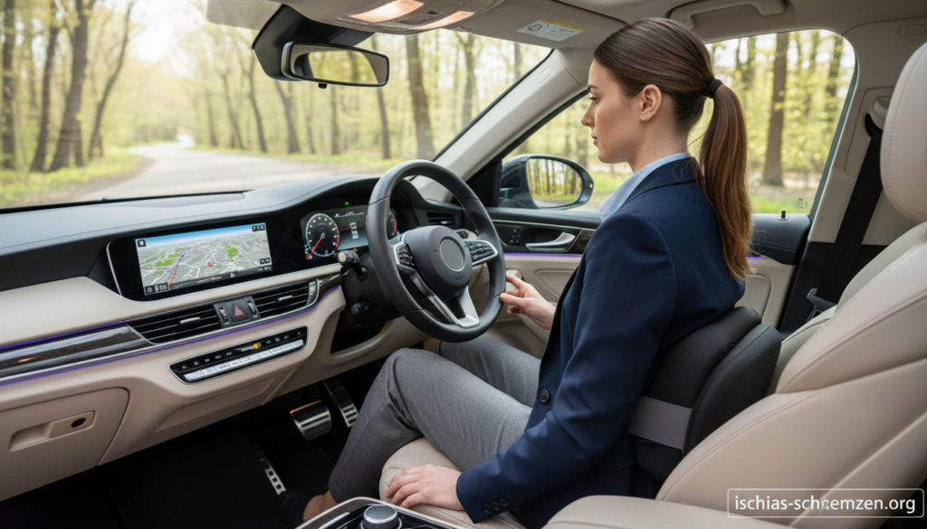 A well-designed car interior showcasing the correct seating position to alleviate sciatic pain. In the foreground, a professional wearing modest business attire adjusts the car seat, demonstrating optimal lumbar support, with their back straight and feet comfortably reaching the pedals. In the middle, the car's dashboard and steering wheel are perfectly aligned for a safe and ergonomic driving posture. The background features a serene road setting, bathed in soft, natural daylight filtering through the windows, creating a calming atmosphere. The image should convey a sense of comfort and health, emphasizing the importance of proper sitting posture in vehicles. The logo “ischias-schmerzen.org” subtly positioned in one corner. A well-designed car interior showcasing the correct seating position to alleviate sciatic pain. In the foreground, a professional wearing modest business attire adjusts the car seat, demonstrating optimal lumbar support, with their back straight and feet comfortably reaching the pedals. In the middle, the car's dashboard and steering wheel are perfectly aligned for a safe and ergonomic driving posture. The background features a serene road setting, bathed in soft, natural daylight filtering through the windows, creating a calming atmosphere. The image should convey a sense of comfort and health, emphasizing the importance of proper sitting posture in vehicles. The logo “ischias-schmerzen.org” subtly positioned in one corner.