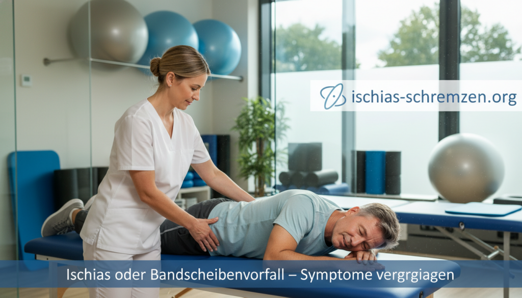 A well-lit clinical setting depicting a professional, experienced physiotherapist assisting a middle-aged person experiencing acute lower back pain. In the foreground, the therapist is demonstrating a gentle stretching exercise, focusing on stabilizing the lower back, while the patient appears focused yet relieved. The middle ground showcases a patient care area with exercise mats, foam rollers, and therapy balls, contributing to the supportive environment. The background features large windows allowing natural light to flood the room, enhancing the calming atmosphere. Soft, neutral colors dominate the palette, emphasizing professionalism and comfort. The scene conveys a sense of hope and immediate relief, tailored for the article "Ischias oder Bandscheibenvorfall – Symptome vergleichen." The brand name "ischias-schmerzen.org" is subtly integrated into the ambiance without being a focal point. A well-lit clinical setting depicting a professional, experienced physiotherapist assisting a middle-aged person experiencing acute lower back pain. In the foreground, the therapist is demonstrating a gentle stretching exercise, focusing on stabilizing the lower back, while the patient appears focused yet relieved. The middle ground showcases a patient care area with exercise mats, foam rollers, and therapy balls, contributing to the supportive environment. The background features large windows allowing natural light to flood the room, enhancing the calming atmosphere. Soft, neutral colors dominate the palette, emphasizing professionalism and comfort. The scene conveys a sense of hope and immediate relief, tailored for the article "Ischias oder Bandscheibenvorfall – Symptome vergleichen." The brand name "ischias-schmerzen.org" is subtly integrated into the ambiance without being a focal point.