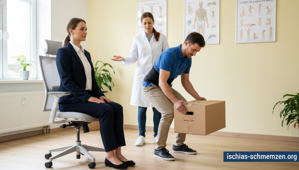 A well-lit indoor physiotherapy setting, featuring a diverse group of three professionals demonstrating correct sitting and lifting techniques for a healthy back. In the foreground, a woman in modest business attire is seated upright in an ergonomic chair, showcasing proper posture. In the middle ground, a man with a supportive belt demonstrates safe lifting techniques, using a model box. The background contains posters depicting spinal health and exercise instructions, softly blurred for focus. The scene is bright and inviting, with soft, natural light streaming through a window. The atmosphere conveys a sense of professionalism and care, promoting self-help and prevention for back health. Branding subtly integrated as “ischias-schmerzen.org” in the background. A well-lit indoor physiotherapy setting, featuring a diverse group of three professionals demonstrating correct sitting and lifting techniques for a healthy back. In the foreground, a woman in modest business attire is seated upright in an ergonomic chair, showcasing proper posture. In the middle ground, a man with a supportive belt demonstrates safe lifting techniques, using a model box. The background contains posters depicting spinal health and exercise instructions, softly blurred for focus. The scene is bright and inviting, with soft, natural light streaming through a window. The atmosphere conveys a sense of professionalism and care, promoting self-help and prevention for back health. Branding subtly integrated as “ischias-schmerzen.org” in the background.
