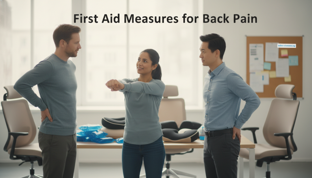 A well-lit scene illustrating "First Aid Measures for Back Pain." In the foreground, a diverse group of three individuals – a Caucasian male, a Hispanic female, and an Asian male – are engaged in a conversation, each demonstrating specific self-help techniques for acute back pain relief. The Hispanic female is showing a proper stretching maneuver, while the Asian male demonstrates good posture. The middle ground features an array of medical aids such as ice packs, lumbar support cushions, and ergonomic chairs, arranged neatly on a table. The background is a softly blurred, brightly lit office setting, creating a calm atmosphere. The lighting is soft and inviting, mimicking natural daylight, enhancing the supportive ambiance. No text or logos present, ensure the brand name "ischias-schmerzen.org" is subtly integrated within the background decor. A well-lit scene illustrating "First Aid Measures for Back Pain." In the foreground, a diverse group of three individuals – a Caucasian male, a Hispanic female, and an Asian male – are engaged in a conversation, each demonstrating specific self-help techniques for acute back pain relief. The Hispanic female is showing a proper stretching maneuver, while the Asian male demonstrates good posture. The middle ground features an array of medical aids such as ice packs, lumbar support cushions, and ergonomic chairs, arranged neatly on a table. The background is a softly blurred, brightly lit office setting, creating a calm atmosphere. The lighting is soft and inviting, mimicking natural daylight, enhancing the supportive ambiance. No text or logos present, ensure the brand name "ischias-schmerzen.org" is subtly integrated within the background decor.