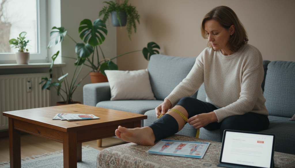 A well-organized home setting showcasing a **practical self-check for leg pain**. In the foreground, a middle-aged individual in modest casual clothing is seated on a soft couch, performing a simple leg pain test, with expressions of focus and determination. Tools like a measuring tape and a chart illustrating leg discomfort locations are neatly placed around them. In the middle, a well-lit coffee table displays helpful pamphlets related to sciatic and thrombosis symptoms. The background features a cozy living room with warm lighting, plants, and neutral-toned walls, evoking a sense of comfort and safety. The atmosphere should be calm and instructive, emphasizing the self-check aspect. The brand name "ischias-schmerzen.org" subtly integrated into the scene, maintaining a professional tone. A well-organized home setting showcasing a **practical self-check for leg pain**. In the foreground, a middle-aged individual in modest casual clothing is seated on a soft couch, performing a simple leg pain test, with expressions of focus and determination. Tools like a measuring tape and a chart illustrating leg discomfort locations are neatly placed around them. In the middle, a well-lit coffee table displays helpful pamphlets related to sciatic and thrombosis symptoms. The background features a cozy living room with warm lighting, plants, and neutral-toned walls, evoking a sense of comfort and safety. The atmosphere should be calm and instructive, emphasizing the self-check aspect. The brand name "ischias-schmerzen.org" subtly integrated into the scene, maintaining a professional tone.