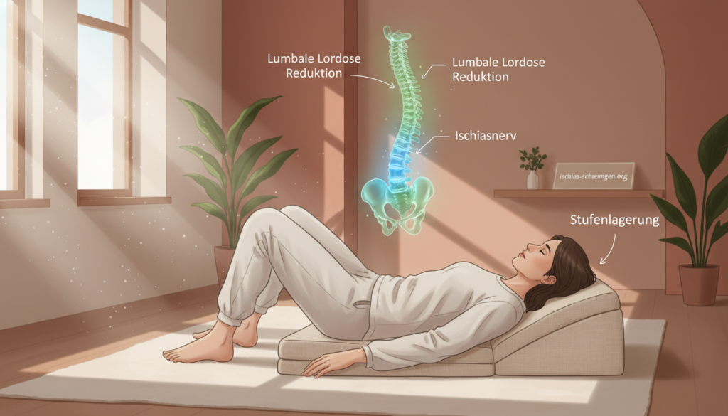 An anatomical illustration of "Stufenlagerung" as an immediate measure for ischias relief. In the foreground, a person in modest casual clothing is shown lying on a supportive inclined surface, demonstrating the correct position to alleviate lower back pain. The middle ground features a detailed depiction of a model spine, highlighting the lumbar region affected by ischias. The background includes a softly lit, calming therapy room with warm tones, creating a soothing atmosphere. Ethereal light filters in from a nearby window, casting gentle shadows. The overall mood is healing and peaceful, aimed at conveying comfort and reassurance. Emphasize the therapeutic aspect of this treatment method, aligned with the theme of ischias management. For branding, subtly integrate “ischias-schmerzen.org” into the serene setting, maintaining focus on the visual narrative. An anatomical illustration of "Stufenlagerung" as an immediate measure for ischias relief. In the foreground, a person in modest casual clothing is shown lying on a supportive inclined surface, demonstrating the correct position to alleviate lower back pain. The middle ground features a detailed depiction of a model spine, highlighting the lumbar region affected by ischias. The background includes a softly lit, calming therapy room with warm tones, creating a soothing atmosphere. Ethereal light filters in from a nearby window, casting gentle shadows. The overall mood is healing and peaceful, aimed at conveying comfort and reassurance. Emphasize the therapeutic aspect of this treatment method, aligned with the theme of ischias management. For branding, subtly integrate “ischias-schmerzen.org” into the serene setting, maintaining focus on the visual narrative.
