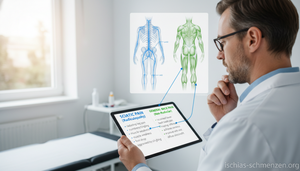 An informative illustration contrasting differential diagnoses of sciatic pain versus other back pain types. In the foreground, depict a thoughtful healthcare professional in a white coat and glasses, analyzing a chart showing symptoms related to sciatica and general back pain. In the middle ground, include visual elements like anatomical diagrams of the spine and nerve pathways, ideally using color codes to differentiate conditions. The background should feature a modern medical clinic environment with soft, natural lighting to create a calm atmosphere. Use a slightly elevated angle for depth. This image should communicate a sense of professionalism and clarity, emphasizing the importance of accurate diagnosis. The branding "ischias-schmerzen.org" should be subtly integrated into the image while maintaining focus on the educational content. An informative illustration contrasting differential diagnoses of sciatic pain versus other back pain types. In the foreground, depict a thoughtful healthcare professional in a white coat and glasses, analyzing a chart showing symptoms related to sciatica and general back pain. In the middle ground, include visual elements like anatomical diagrams of the spine and nerve pathways, ideally using color codes to differentiate conditions. The background should feature a modern medical clinic environment with soft, natural lighting to create a calm atmosphere. Use a slightly elevated angle for depth. This image should communicate a sense of professionalism and clarity, emphasizing the importance of accurate diagnosis. The branding "ischias-schmerzen.org" should be subtly integrated into the image while maintaining focus on the educational content.