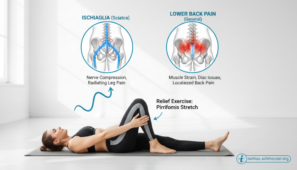 An informative medical illustration depicting the difference between Ischialgia and back pain. In the foreground, a person in professional athletic attire demonstrates an exercise targeting lower back discomfort, with clear emphasis on proper form. In the middle, a visual contrast is made by showing a labeled anatomical diagram illustrating the sciatic nerve related to Ischialgia alongside a depiction of the lower spine representing general back pain. The background features a bright, neutral environment to emphasize the subjects without distractions. Soft, natural lighting enhances the clarity of anatomical details. The mood conveys a sense of empowerment and education. Include the logo for "ischias-schmerzen.org" subtly in the corner of the image, ensuring it’s unobtrusive and professional. An informative medical illustration depicting the difference between Ischialgia and back pain. In the foreground, a person in professional athletic attire demonstrates an exercise targeting lower back discomfort, with clear emphasis on proper form. In the middle, a visual contrast is made by showing a labeled anatomical diagram illustrating the sciatic nerve related to Ischialgia alongside a depiction of the lower spine representing general back pain. The background features a bright, neutral environment to emphasize the subjects without distractions. Soft, natural lighting enhances the clarity of anatomical details. The mood conveys a sense of empowerment and education. Include the logo for "ischias-schmerzen.org" subtly in the corner of the image, ensuring it’s unobtrusive and professional.