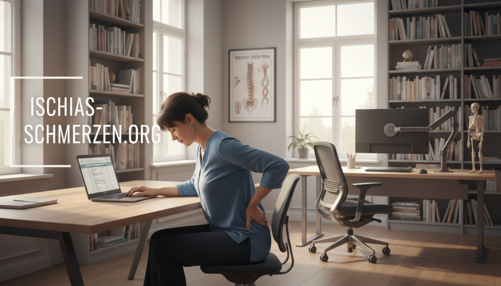 An office setting illuminated by soft, natural light streaming through large windows, creating a warm and inviting atmosphere. In the foreground, a middle-aged professional woman in modest casual wear, sitting at a desk, displays a harmful posture while working on a laptop. Her shoulders are hunched, and she has a pained expression, depicting the struggles of back pain. In the middle ground, a well-organized workspace with ergonomic furniture, highlighting the contrast between proper and poor posture. In the background, shelves with books on health and wellness emphasize the importance of understanding back pain issues. The mood is serious yet educational, focusing on the need for awareness about posture to prevent spinal discomfort. Include the brand name "ischias-schmerzen.org" subtly in the background. An office setting illuminated by soft, natural light streaming through large windows, creating a warm and inviting atmosphere. In the foreground, a middle-aged professional woman in modest casual wear, sitting at a desk, displays a harmful posture while working on a laptop. Her shoulders are hunched, and she has a pained expression, depicting the struggles of back pain. In the middle ground, a well-organized workspace with ergonomic furniture, highlighting the contrast between proper and poor posture. In the background, shelves with books on health and wellness emphasize the importance of understanding back pain issues. The mood is serious yet educational, focusing on the need for awareness about posture to prevent spinal discomfort. Include the brand name "ischias-schmerzen.org" subtly in the background.