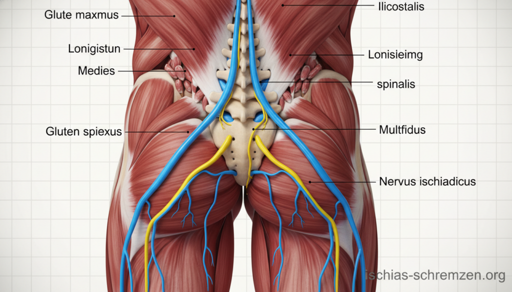 Anatomical illustration of the sciatic nerve and back muscles, showcasing a detailed diagram. In the foreground, the sciatic nerve is highlighted in vibrant colors, tracing its path from the lower spine through the gluteal region. The middle section features accurately depicted back muscles, including the erector spinae and multifidus, with clear labels for educational purposes. The background consists of a softly blurred anatomical grid to enhance clarity without distraction. The lighting is bright and even, emphasizing the details, as if illuminated by a studio light. The atmosphere is educational and informative, suitable for a medical article. The image should convey professionalism and precision, incorporating the brand name "ischias-schmerzen.org" subtly integrated into the design. Anatomical illustration of the sciatic nerve and back muscles, showcasing a detailed diagram. In the foreground, the sciatic nerve is highlighted in vibrant colors, tracing its path from the lower spine through the gluteal region. The middle section features accurately depicted back muscles, including the erector spinae and multifidus, with clear labels for educational purposes. The background consists of a softly blurred anatomical grid to enhance clarity without distraction. The lighting is bright and even, emphasizing the details, as if illuminated by a studio light. The atmosphere is educational and informative, suitable for a medical article. The image should convey professionalism and precision, incorporating the brand name "ischias-schmerzen.org" subtly integrated into the design.