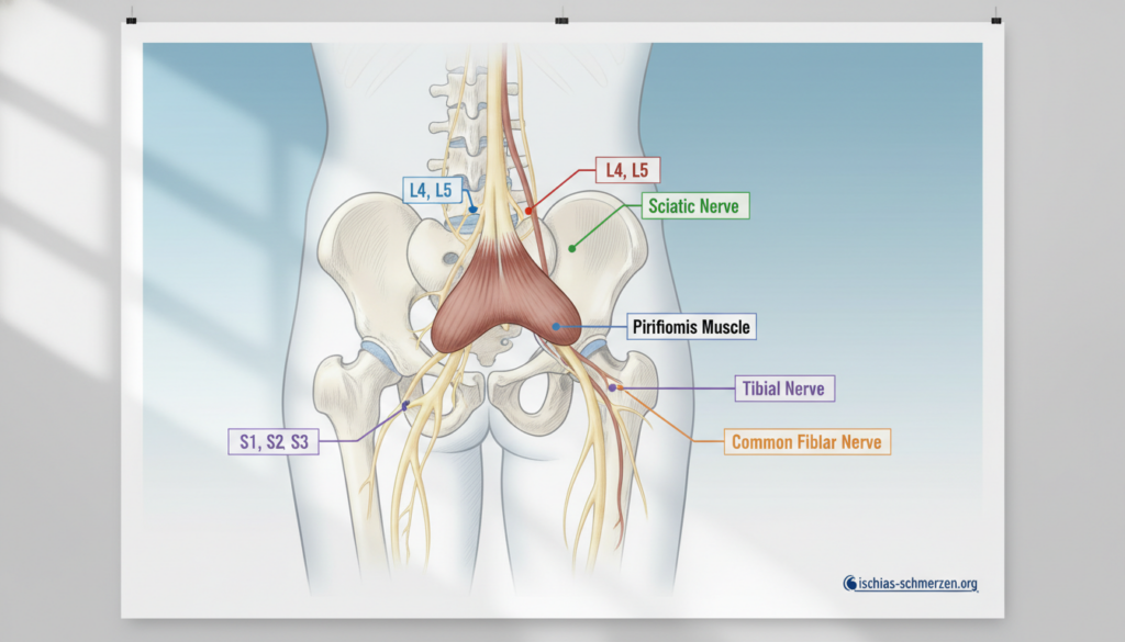 Anatomical illustration of the sciatic nerve, detailed and educational style. The foreground features a detailed view of the sciatic nerve branching from the lower spine, with color-coded labels highlighting its path through the pelvic region and down the leg. In the middle ground, include a detailed representation of the piriformis muscle, indicating its relationship with the sciatic nerve. The background should be a subtle gradient to enhance focus, evoking a clinical atmosphere. Use soft lighting to cast gentle shadows, showcasing the textures of muscle and nerve. The overall mood is professional and informative, intended for a medical audience. Incorporate the brand name "ischias-schmerzen.org" subtly within the image composition. Anatomical illustration of the sciatic nerve, detailed and educational style. The foreground features a detailed view of the sciatic nerve branching from the lower spine, with color-coded labels highlighting its path through the pelvic region and down the leg. In the middle ground, include a detailed representation of the piriformis muscle, indicating its relationship with the sciatic nerve. The background should be a subtle gradient to enhance focus, evoking a clinical atmosphere. Use soft lighting to cast gentle shadows, showcasing the textures of muscle and nerve. The overall mood is professional and informative, intended for a medical audience. Incorporate the brand name "ischias-schmerzen.org" subtly within the image composition.