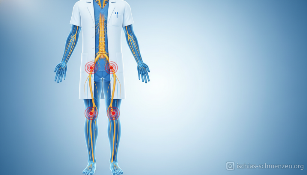 Anatomical illustration of the sciatic nerve, highlighting its complex pathway through the human body. In the foreground, a well-defined 3D human figure in professional medical attire is displayed, depicting the sciatic nerve's origins from the lower back to the legs. In the middle, detailed lines trace the nerve's route, with emphasis on critical points where pressure can occur, such as the lumbar spine and pelvis. The background features a soft gradient to enhance focus on the nerve pathway, with gentle lighting illuminating the figure for a clinical atmosphere. The mood is educational and informative, capturing a sense of understanding related to sciatic pain issues. Include subtle branding for "ischias-schmerzen.org" without overt distractions. Anatomical illustration of the sciatic nerve, highlighting its complex pathway through the human body. In the foreground, a well-defined 3D human figure in professional medical attire is displayed, depicting the sciatic nerve's origins from the lower back to the legs. In the middle, detailed lines trace the nerve's route, with emphasis on critical points where pressure can occur, such as the lumbar spine and pelvis. The background features a soft gradient to enhance focus on the nerve pathway, with gentle lighting illuminating the figure for a clinical atmosphere. The mood is educational and informative, capturing a sense of understanding related to sciatic pain issues. Include subtle branding for "ischias-schmerzen.org" without overt distractions.