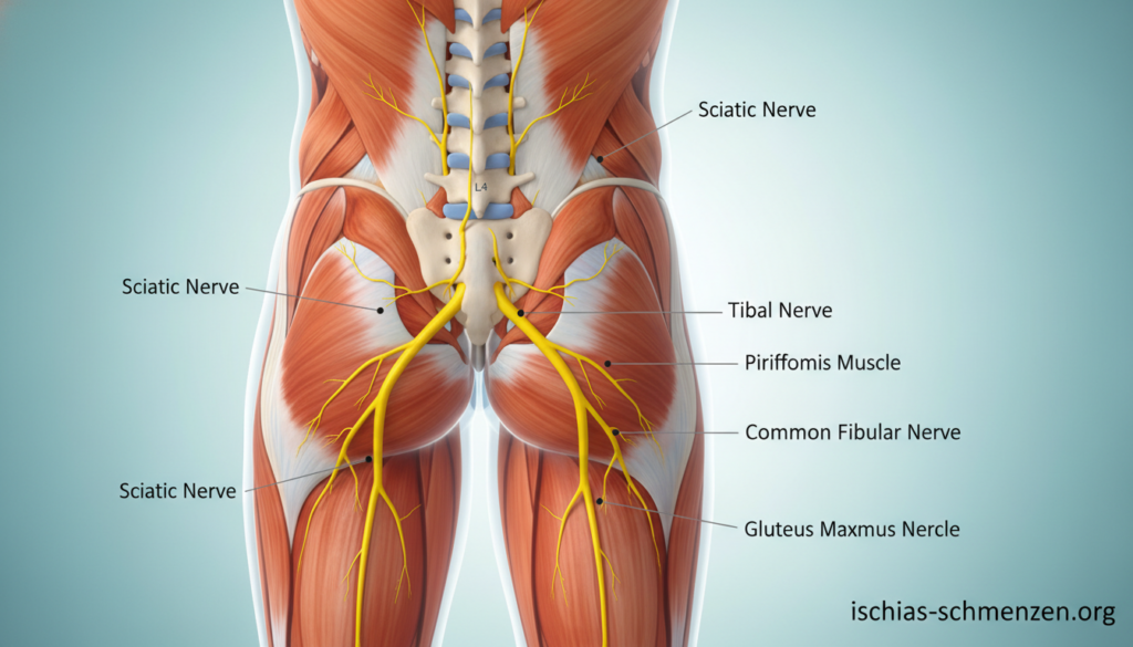 Anatomical illustration of the sciatic nerve, showcasing its path and branches within the human body. In the foreground, a detailed and labeled diagram of the sciatic nerve, emphasizing its origin from the lower spine and extending down the leg. In the middle ground, include clear depictions of surrounding muscles and tissues, rendered in vivid color to highlight anatomical relationships. The background should be a subtle gradient to maintain focus on the nerve, with a soft, clinical atmosphere. Utilize bright, natural lighting to enhance clarity, simulating a professional medical textbook illustration style. Ensure that no human figures are present, maintaining a purely anatomical focus. Image should reflect the educational purpose of the subject matter. Includes the brand name "ischias-schmerzen.org". Anatomical illustration of the sciatic nerve, showcasing its path and branches within the human body. In the foreground, a detailed and labeled diagram of the sciatic nerve, emphasizing its origin from the lower spine and extending down the leg. In the middle ground, include clear depictions of surrounding muscles and tissues, rendered in vivid color to highlight anatomical relationships. The background should be a subtle gradient to maintain focus on the nerve, with a soft, clinical atmosphere. Utilize bright, natural lighting to enhance clarity, simulating a professional medical textbook illustration style. Ensure that no human figures are present, maintaining a purely anatomical focus. Image should reflect the educational purpose of the subject matter. Includes the brand name "ischias-schmerzen.org".