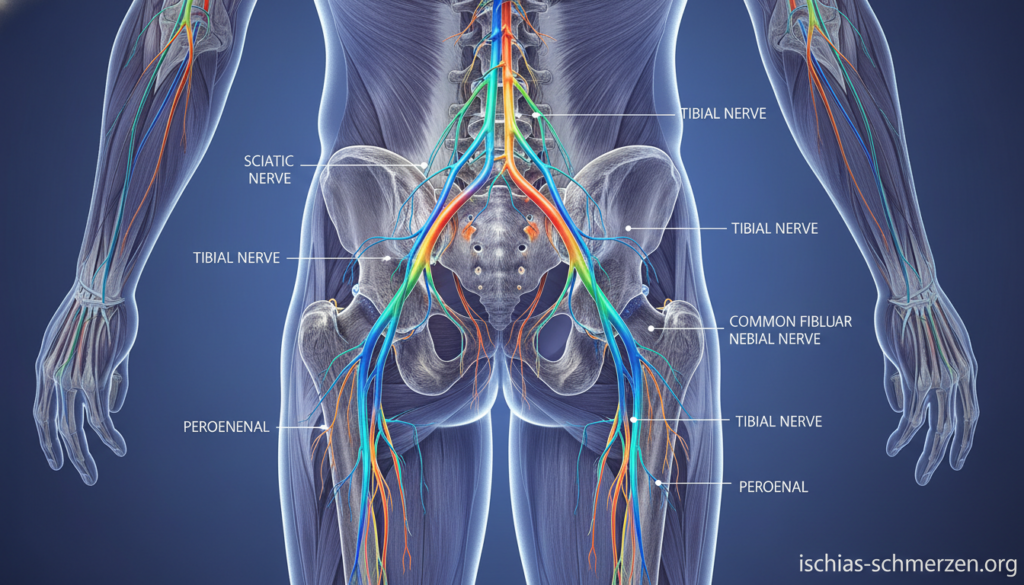 Anatomical illustration of the sciatic nerve, showcasing its path from the lower back down through the hips and legs. In the foreground, the sciatic nerve highlighted in vibrant colors, clearly marked with intricate details demonstrating its branching into the lower limbs. The middle section features surrounding muscle and skeletal structures, providing context to its location. In the background, a subtle gradient that complements the anatomy, suggesting the human body without distractions. Dramatic lighting highlighting the nerve's features creates a sense of depth and clarity. The mood is clinical and educational, emphasizing the importance of understanding nerve anatomy. The overall composition should be clean, professional, and suitable for a medical article. Include the brand name "ischias-schmerzen.org" subtly integrated into the design without text overlays. Anatomical illustration of the sciatic nerve, showcasing its path from the lower back down through the hips and legs. In the foreground, the sciatic nerve highlighted in vibrant colors, clearly marked with intricate details demonstrating its branching into the lower limbs. The middle section features surrounding muscle and skeletal structures, providing context to its location. In the background, a subtle gradient that complements the anatomy, suggesting the human body without distractions. Dramatic lighting highlighting the nerve's features creates a sense of depth and clarity. The mood is clinical and educational, emphasizing the importance of understanding nerve anatomy. The overall composition should be clean, professional, and suitable for a medical article. Include the brand name "ischias-schmerzen.org" subtly integrated into the design without text overlays.