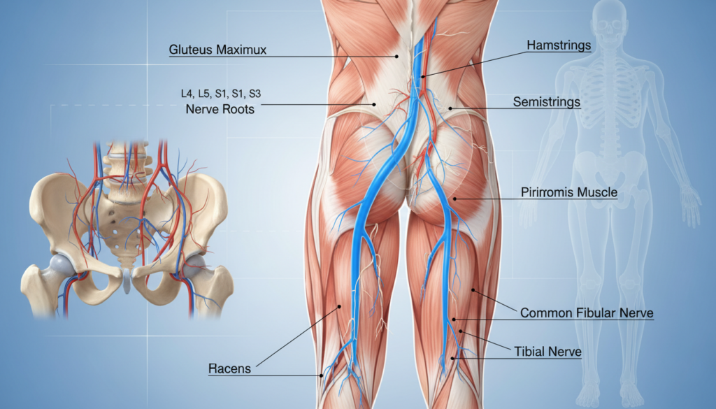 Anatomical illustration of the sciatic nerve, showcasing its structure and function. In the foreground, clearly labeled diagrams of the nerve's pathway from the lower spine, through the pelvis, and down the leg. The sciatic nerve should be highlighted in a vibrant color to differentiate it from surrounding muscles, ligaments, and blood vessels. In the middle, a detailed view of the related muscles, like the gluteus maximus and hamstrings, with clear connections to the nerve. The background should be a soft gradient to enhance visibility, with subtle medical chart elements that give a clinical feel without distraction. The lighting should be bright and focused, creating a clean and professional atmosphere, suitable for educational purposes. Ensure no text or branding appears, except for a small mention of "ischias-schmerzen.org" subtly integrated. Anatomical illustration of the sciatic nerve, showcasing its structure and function. In the foreground, clearly labeled diagrams of the nerve's pathway from the lower spine, through the pelvis, and down the leg. The sciatic nerve should be highlighted in a vibrant color to differentiate it from surrounding muscles, ligaments, and blood vessels. In the middle, a detailed view of the related muscles, like the gluteus maximus and hamstrings, with clear connections to the nerve. The background should be a soft gradient to enhance visibility, with subtle medical chart elements that give a clinical feel without distraction. The lighting should be bright and focused, creating a clean and professional atmosphere, suitable for educational purposes. Ensure no text or branding appears, except for a small mention of "ischias-schmerzen.org" subtly integrated.