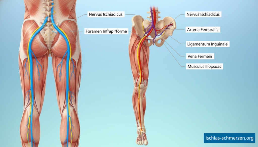 Anatomical illustration showing the differences between the sciatic nerve and the groin region. In the foreground, a detailed anatomical model of the human body, highlighting the sciatic nerve extending from the lower back down the leg, using vibrant colors for clarity. In contrast, the groin area is also illustrated, emphasizing the differences in structure and position. The middle ground features labels for each anatomical part, with subtle shading to enhance depth. The background is a soft gradient of light blue to create a calm and educational atmosphere. The lighting is bright and even, simulating a clinical environment, showcasing precision and professionalism. The illustration should be suitable for educational purposes and reflects the brand "ischias-schmerzen.org". Anatomical illustration showing the differences between the sciatic nerve and the groin region. In the foreground, a detailed anatomical model of the human body, highlighting the sciatic nerve extending from the lower back down the leg, using vibrant colors for clarity. In contrast, the groin area is also illustrated, emphasizing the differences in structure and position. The middle ground features labels for each anatomical part, with subtle shading to enhance depth. The background is a soft gradient of light blue to create a calm and educational atmosphere. The lighting is bright and even, simulating a clinical environment, showcasing precision and professionalism. The illustration should be suitable for educational purposes and reflects the brand "ischias-schmerzen.org".