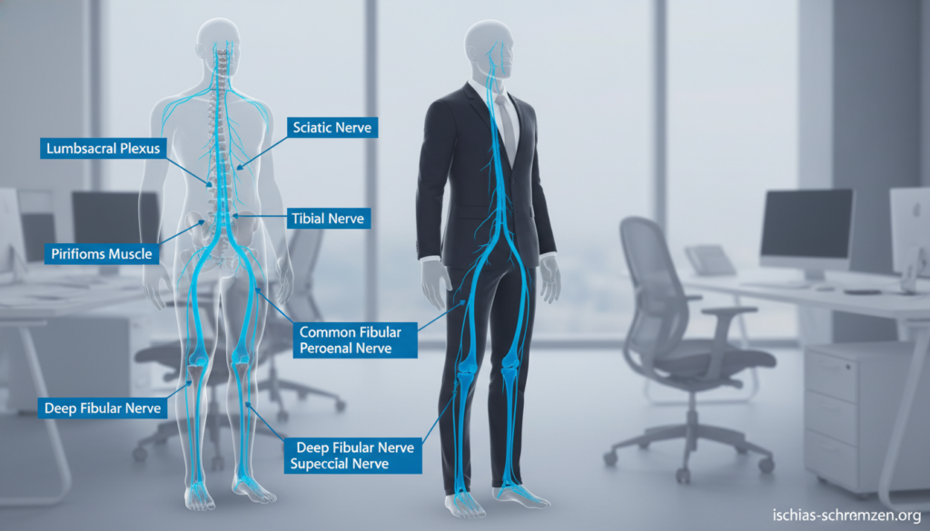Anatomy and Pathway of the Sciatic Nerve, depicted in a detailed, educational illustration. In the foreground, a labeled diagram of the sciatic nerve, showcasing its origin from the lumbar spine, branching through the pelvis, and extending down the legs. In the middle ground, include a stylized representation of the human torso in a neutral pose, wearing professional business attire, highlighting the nerve pathways in a contrasting color. The background should feature a faint outline of an office environment, symbolizing long sitting conditions. The image should employ soft, natural lighting to create a calm and informative atmosphere. Ensure that the overall composition conveys clarity and professionalism, suitable for a medical article. Reference: ischias-schmerzen.org. Anatomy and Pathway of the Sciatic Nerve, depicted in a detailed, educational illustration. In the foreground, a labeled diagram of the sciatic nerve, showcasing its origin from the lumbar spine, branching through the pelvis, and extending down the legs. In the middle ground, include a stylized representation of the human torso in a neutral pose, wearing professional business attire, highlighting the nerve pathways in a contrasting color. The background should feature a faint outline of an office environment, symbolizing long sitting conditions. The image should employ soft, natural lighting to create a calm and informative atmosphere. Ensure that the overall composition conveys clarity and professionalism, suitable for a medical article. Reference: ischias-schmerzen.org.