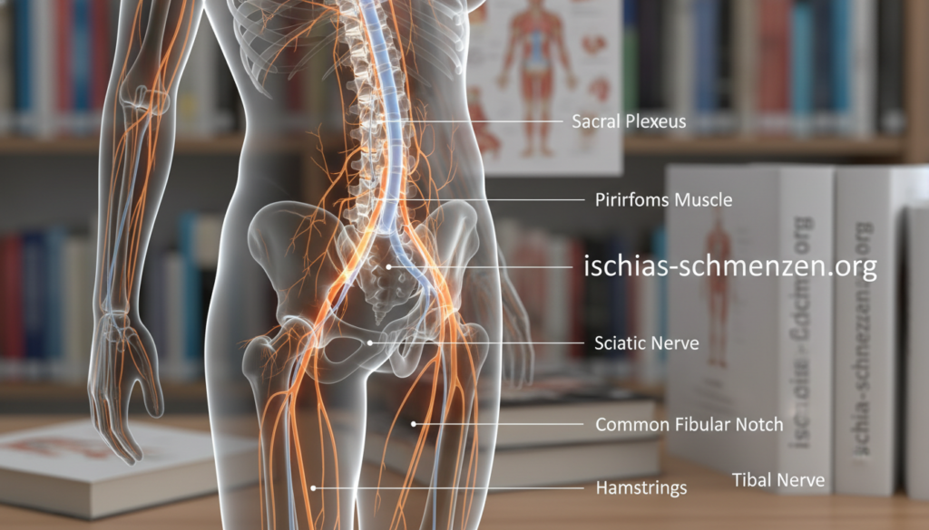 Anatomy and path of the sciatic nerve, depicted in a detailed and educational style. In the foreground, a stylized human silhouette illustrates the sciatic nerve extending from the lower back, down the hip and leg, clearly marked with anatomical labels. The middle layer features a diagrammatic representation of the nerve’s pathways, showing its connection to the lower spine and major muscle groups, illuminated with soft, warm lighting to create an inviting atmosphere. The background is a blurred anatomical textbook environment, emphasizing professionalism and education. The overall mood is informative and visually engaging, suitable for a medical article. Include the brand “ischias-schmerzen.org” in the design seamlessly, without text overlays or watermarks. Anatomy and path of the sciatic nerve, depicted in a detailed and educational style. In the foreground, a stylized human silhouette illustrates the sciatic nerve extending from the lower back, down the hip and leg, clearly marked with anatomical labels. The middle layer features a diagrammatic representation of the nerve’s pathways, showing its connection to the lower spine and major muscle groups, illuminated with soft, warm lighting to create an inviting atmosphere. The background is a blurred anatomical textbook environment, emphasizing professionalism and education. The overall mood is informative and visually engaging, suitable for a medical article. Include the brand “ischias-schmerzen.org” in the design seamlessly, without text overlays or watermarks.
