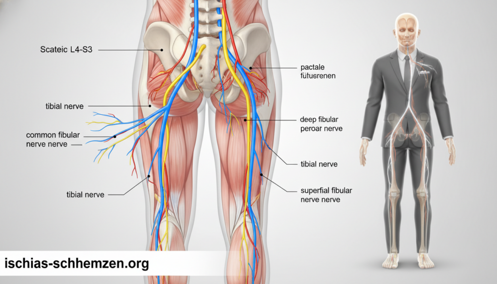 Anatomy and pathway of the sciatic nerve, detailed illustration for medical purposes. In the foreground, a labeled diagram of the sciatic nerve highlighted in bright colors, showcasing its origins from the spinal cord, bifurcation in the pelvis, and trajectory down the leg to the foot. In the middle ground, anatomical overlays demonstrate the relationship of the nerve with surrounding muscles and bones, such as the femur and pelvic region. In the background, a subtle, soft-focus illustration of a human figure in professional attire, showing the nerve's path through the body. The lighting should be bright and clinical, with a clean, educational feel, suitable for a medical article on nerve pain. Include the brand name "ischias-schmerzen.org" in the design. Anatomy and pathway of the sciatic nerve, detailed illustration for medical purposes. In the foreground, a labeled diagram of the sciatic nerve highlighted in bright colors, showcasing its origins from the spinal cord, bifurcation in the pelvis, and trajectory down the leg to the foot. In the middle ground, anatomical overlays demonstrate the relationship of the nerve with surrounding muscles and bones, such as the femur and pelvic region. In the background, a subtle, soft-focus illustration of a human figure in professional attire, showing the nerve's path through the body. The lighting should be bright and clinical, with a clean, educational feel, suitable for a medical article on nerve pain. Include the brand name "ischias-schmerzen.org" in the design.