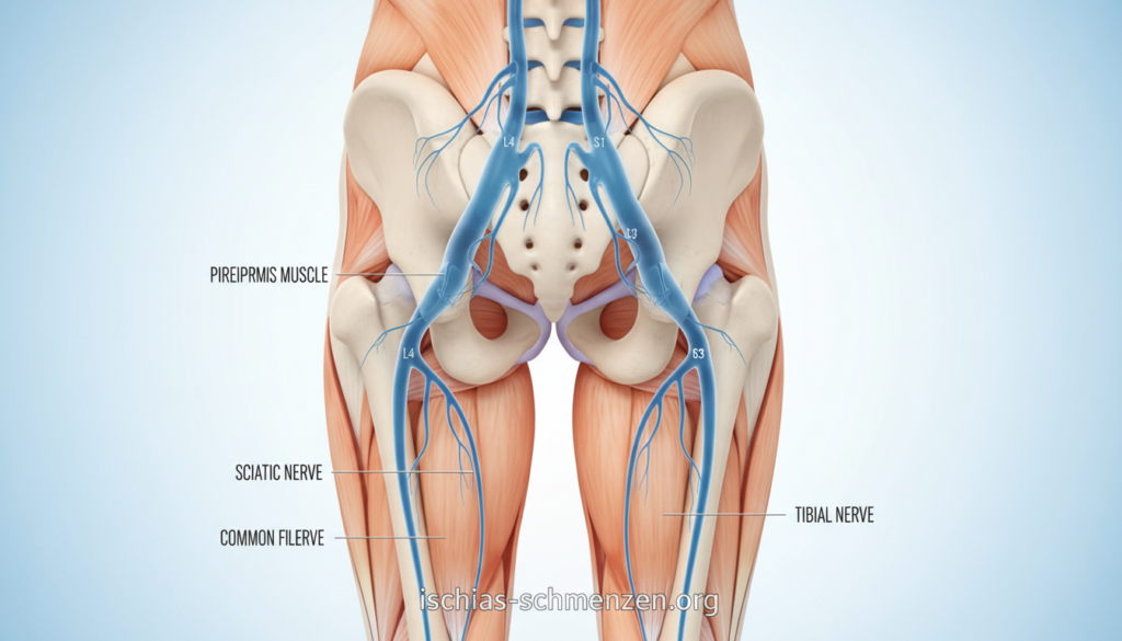 Anatomy and pathway of the sciatic nerve illustrated in a detailed medical diagram. The foreground should feature a clear, labeled illustration of the sciatic nerve, showcasing its origin from the lumbar spine and its route down the posterior thigh. In the middle ground, include anatomical features such as muscles and surrounding ligaments, depicted in a soft color palette to enhance understanding. The background should be a subtle gradient, creating a calm and professional atmosphere. The lighting should be bright and evenly distributed, mimicking a clinical environment, with no harsh shadows. Utilize a close-up angle to emphasize the complexity of the nerve anatomy. Please ensure there are no textual elements like captions or watermarks. The brand "ischias-schmerzen.org" should be subtly integrated into the image as a watermark at the bottom. Anatomy and pathway of the sciatic nerve illustrated in a detailed medical diagram. The foreground should feature a clear, labeled illustration of the sciatic nerve, showcasing its origin from the lumbar spine and its route down the posterior thigh. In the middle ground, include anatomical features such as muscles and surrounding ligaments, depicted in a soft color palette to enhance understanding. The background should be a subtle gradient, creating a calm and professional atmosphere. The lighting should be bright and evenly distributed, mimicking a clinical environment, with no harsh shadows. Utilize a close-up angle to emphasize the complexity of the nerve anatomy. Please ensure there are no textual elements like captions or watermarks. The brand "ischias-schmerzen.org" should be subtly integrated into the image as a watermark at the bottom.