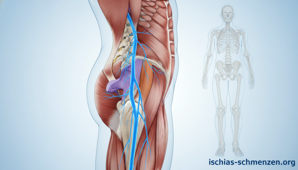 Anatomy illustration of the sciatic nerve, showcasing its pathway through the human body. In the foreground, a detailed anatomical diagram features a side view of the human pelvis and lower back, highlighting the sciatic nerve with vibrant colors for clarity. The middle layer presents key muscles and structures intertwined with the nerve, offering contextual relationships. In the background, a subtle gradient enhances focus on the nerve and surrounding anatomy. The lighting is bright and clinical, mimicking an educational setting, with a slight shadow to add depth. The mood is informative and professional, suitable for a medical article. Include the branding "ischias-schmerzen.org" subtly integrated within the design. Anatomy illustration of the sciatic nerve, showcasing its pathway through the human body. In the foreground, a detailed anatomical diagram features a side view of the human pelvis and lower back, highlighting the sciatic nerve with vibrant colors for clarity. The middle layer presents key muscles and structures intertwined with the nerve, offering contextual relationships. In the background, a subtle gradient enhances focus on the nerve and surrounding anatomy. The lighting is bright and clinical, mimicking an educational setting, with a slight shadow to add depth. The mood is informative and professional, suitable for a medical article. Include the branding "ischias-schmerzen.org" subtly integrated within the design.