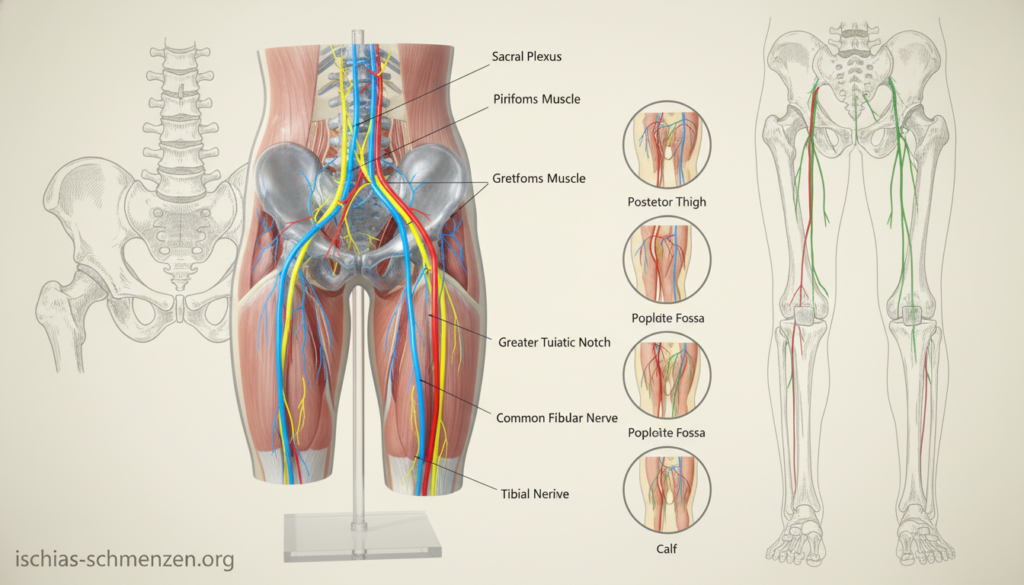 Anatomy of the sciatic nerve, displaying its detailed structure and path through the human body. In the foreground, a realistic and well-lit anatomical model of a human lower back, highlighting the sciatic nerve in vibrant colors for clarity. The middle section features labeled regions where the nerve branches out, showcasing its trajectory down the leg. The background depicts subtle anatomical drawings of the lumbar spine and pelvis, ensuring an educational context. The lighting should be bright and even, emphasizing key features without harsh shadows. The angle should be slightly elevated, offering a comprehensive view of the nerve's anatomy. The mood is informative and professional, aiming to educate viewers. Include the brand name "ischias-schmerzen.org" subtly integrated into the design for reference. Anatomy of the sciatic nerve, displaying its detailed structure and path through the human body. In the foreground, a realistic and well-lit anatomical model of a human lower back, highlighting the sciatic nerve in vibrant colors for clarity. The middle section features labeled regions where the nerve branches out, showcasing its trajectory down the leg. The background depicts subtle anatomical drawings of the lumbar spine and pelvis, ensuring an educational context. The lighting should be bright and even, emphasizing key features without harsh shadows. The angle should be slightly elevated, offering a comprehensive view of the nerve's anatomy. The mood is informative and professional, aiming to educate viewers. Include the brand name "ischias-schmerzen.org" subtly integrated into the design for reference.
