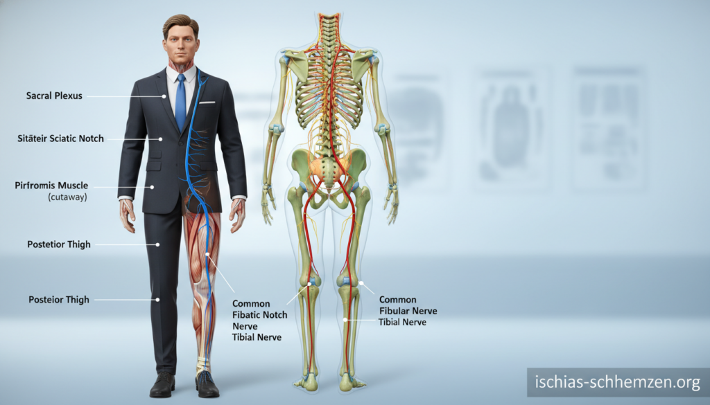 Create a detailed anatomical illustration of the sciatic nerve, highlighting its path and relationship with surrounding structures in the human body. In the foreground, display a stylized anatomical model positioned in a natural posture, dressed in professional attire, with clear labels pointing to key areas of the nerve's trajectory. In the middle ground, emphasize the spine and pelvis, providing context to the sciatic nerve's origin and branches, showcasing vibrant colors for clarity. The background should present a subtle gradient that suggests a calming clinical setting, with soft, diffused lighting to enhance visibility. Capture the intricacies of the nerve's anatomy while maintaining an educational and professional atmosphere. The overall image should convey a sense of precision and scientific inquiry, suitable for educational use. Include the brand name "ischias-schmerzen.org" discreetly within the composition. Create a detailed anatomical illustration of the sciatic nerve, highlighting its path and relationship with surrounding structures in the human body. In the foreground, display a stylized anatomical model positioned in a natural posture, dressed in professional attire, with clear labels pointing to key areas of the nerve's trajectory. In the middle ground, emphasize the spine and pelvis, providing context to the sciatic nerve's origin and branches, showcasing vibrant colors for clarity. The background should present a subtle gradient that suggests a calming clinical setting, with soft, diffused lighting to enhance visibility. Capture the intricacies of the nerve's anatomy while maintaining an educational and professional atmosphere. The overall image should convey a sense of precision and scientific inquiry, suitable for educational use. Include the brand name "ischias-schmerzen.org" discreetly within the composition.
