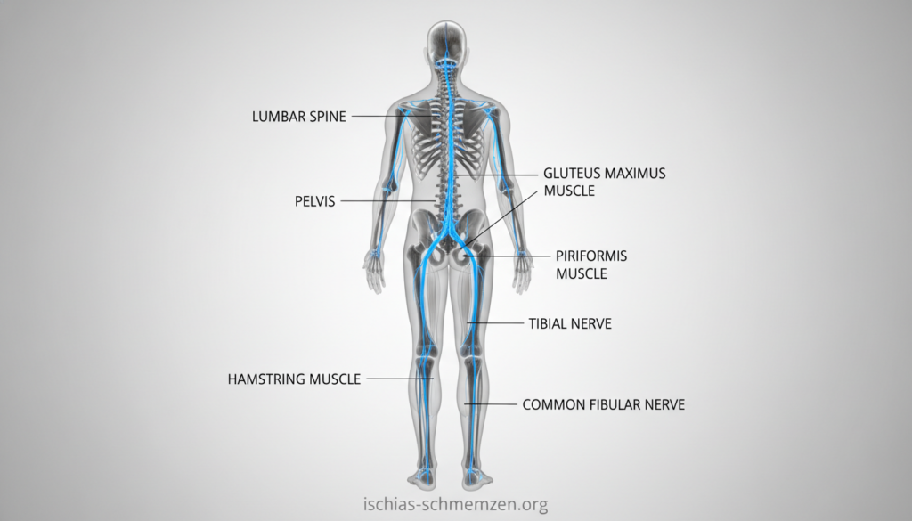 Create a detailed and anatomically accurate illustration of the anatomy of the sciatic nerve, emphasizing its pathway and branches. In the foreground, depict a transparent human silhouette in a neutral, professional style, showcasing the sciatic nerve in a vibrant color like electric blue to contrast against the anatomical structure. In the middle layer, add detailed labels for essential anatomical landmarks such as the lumbar spine, pelvis, and associated muscles, ensuring clarity and precision. The background should be a simple gradient that enhances the focus on the anatomy but maintains a calm and educational mood, possibly a light gray or soft white. The entire image should be well-lit, mimicking a medical diagram feel, suitable for educational content on the website ischias-schmerzen.org. Create a detailed and anatomically accurate illustration of the anatomy of the sciatic nerve, emphasizing its pathway and branches. In the foreground, depict a transparent human silhouette in a neutral, professional style, showcasing the sciatic nerve in a vibrant color like electric blue to contrast against the anatomical structure. In the middle layer, add detailed labels for essential anatomical landmarks such as the lumbar spine, pelvis, and associated muscles, ensuring clarity and precision. The background should be a simple gradient that enhances the focus on the anatomy but maintains a calm and educational mood, possibly a light gray or soft white. The entire image should be well-lit, mimicking a medical diagram feel, suitable for educational content on the website ischias-schmerzen.org.