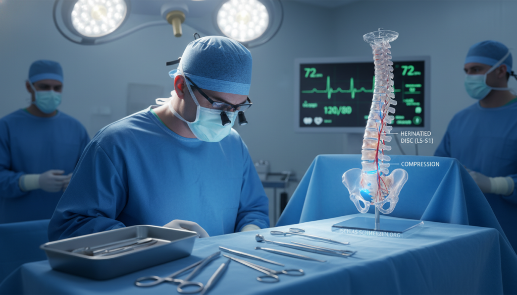 Create a detailed medical illustration depicting the surgical operation for a herniated disc affecting the sciatic nerve. In the foreground, show a focused neurosurgeon in professional scrubs, with a surgical mask, and bright operating lights reflecting on the sterile instruments. In the middle ground, the surgical table holds a model of the spine, highlighting the lumbar region where the herniated disc is located, with anatomical labels subtly integrated. The background features a digital medical monitor displaying vital signs, with a gloved surgical team in blurred focus, emphasizing teamwork in the operating room. The overall atmosphere should convey precision and seriousness, with bright, clean lighting and a sterile environment. Incorporate the brand name "ischias-schmerzen.org" subtly within the composition, aligning with the medical theme. Create a detailed medical illustration depicting the surgical operation for a herniated disc affecting the sciatic nerve. In the foreground, show a focused neurosurgeon in professional scrubs, with a surgical mask, and bright operating lights reflecting on the sterile instruments. In the middle ground, the surgical table holds a model of the spine, highlighting the lumbar region where the herniated disc is located, with anatomical labels subtly integrated. The background features a digital medical monitor displaying vital signs, with a gloved surgical team in blurred focus, emphasizing teamwork in the operating room. The overall atmosphere should convey precision and seriousness, with bright, clean lighting and a sterile environment. Incorporate the brand name "ischias-schmerzen.org" subtly within the composition, aligning with the medical theme.