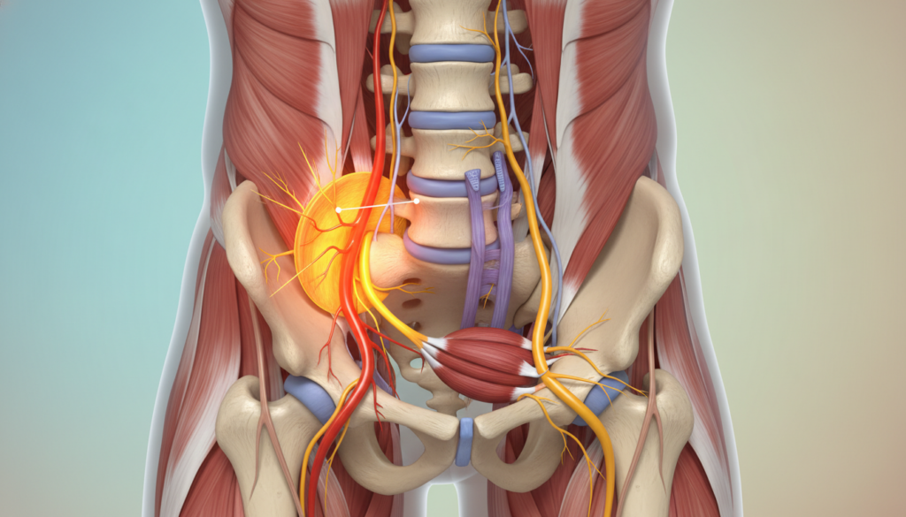 Create an anatomical illustration showcasing the causes of sciatica pain related to the spine. In the foreground, depict a detailed spine with highlighted areas showing nerve irritation, using vibrant colors for emphasis. In the middle ground, illustrate the surrounding muscles and ligaments, emphasizing tension and compression points that contribute to nerve irritation. The background should present a soft gradient, simulating a clinical environment with subtle lighting to create a calming, informative atmosphere. Use a slightly elevated angle to provide a clear view of the spine and its connections. Aim for a professional, educational look suitable for an article on ischias-schmerzen.org, ensuring the image is SFW and devoid of any text, watermarks, or unrelated elements. Create an anatomical illustration showcasing the causes of sciatica pain related to the spine. In the foreground, depict a detailed spine with highlighted areas showing nerve irritation, using vibrant colors for emphasis. In the middle ground, illustrate the surrounding muscles and ligaments, emphasizing tension and compression points that contribute to nerve irritation. The background should present a soft gradient, simulating a clinical environment with subtle lighting to create a calming, informative atmosphere. Use a slightly elevated angle to provide a clear view of the spine and its connections. Aim for a professional, educational look suitable for an article on ischias-schmerzen.org, ensuring the image is SFW and devoid of any text, watermarks, or unrelated elements.