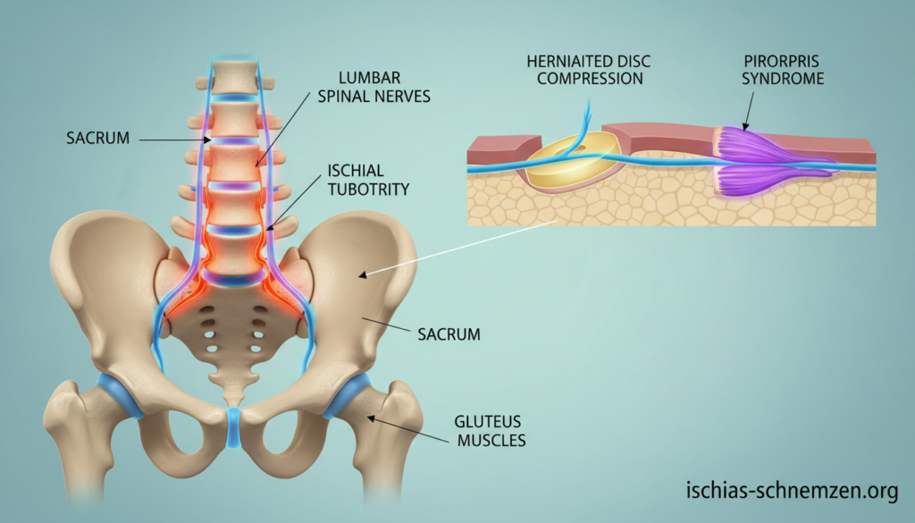 Create an educational illustration depicting the causes of sciatic pain in the spine and gluteal muscles. In the foreground, show a detailed anatomical representation of the human spine and pelvis, highlighted in vibrant colors to emphasize key areas affected by sciatic nerve issues. In the middle ground, include a dynamic cross-sectional view showcasing the interaction between spinal discs and muscle groups in the glute region, rendered with clear labels for clarity. The background should feature a soft gradient, suggesting a clinical setting with gentle lighting to convey a professional atmosphere. The composition should evoke a sense of understanding and insight into the topic, reflecting the brand "ischias-schmerzen.org" throughout the image. Create an educational illustration depicting the causes of sciatic pain in the spine and gluteal muscles. In the foreground, show a detailed anatomical representation of the human spine and pelvis, highlighted in vibrant colors to emphasize key areas affected by sciatic nerve issues. In the middle ground, include a dynamic cross-sectional view showcasing the interaction between spinal discs and muscle groups in the glute region, rendered with clear labels for clarity. The background should feature a soft gradient, suggesting a clinical setting with gentle lighting to convey a professional atmosphere. The composition should evoke a sense of understanding and insight into the topic, reflecting the brand "ischias-schmerzen.org" throughout the image.