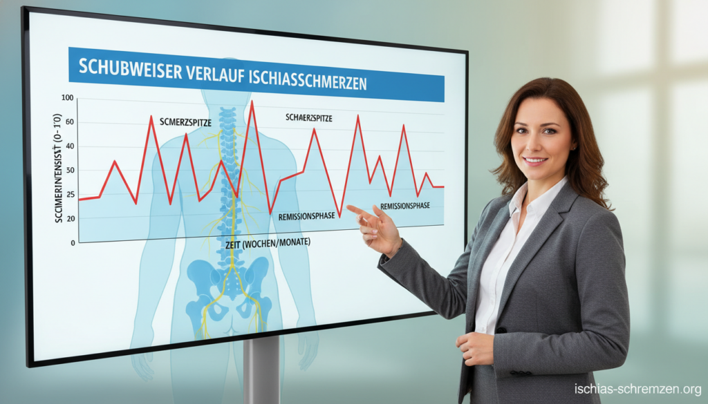 Create an informative and visually striking illustration of "Schubweiser Verlauf Ischiasschmerzen Grafik" that represents the fluctuating course of sciatica pain. In the foreground, depict a professional healthcare provider in modest business attire, pointing at a dynamic graph showing peaks and troughs of pain intensity over time, illustrating the episodic nature of the condition. In the middle ground, include a stylized spine with highlighted nerve pathways, symbolizing the sciatic nerve, set against a subtle anatomical backdrop. The background features soft gradients in muted colors, enhancing the educational aspect of the image. Use natural lighting to create a calm and reassuring atmosphere. The overall mood should convey clarity and professionalism, befitting an educational article. Include the brand name "ischias-schmerzen.org" subtly in the bottom corner, ensuring it does not detract from the main elements. Create an informative and visually striking illustration of "Schubweiser Verlauf Ischiasschmerzen Grafik" that represents the fluctuating course of sciatica pain. In the foreground, depict a professional healthcare provider in modest business attire, pointing at a dynamic graph showing peaks and troughs of pain intensity over time, illustrating the episodic nature of the condition. In the middle ground, include a stylized spine with highlighted nerve pathways, symbolizing the sciatic nerve, set against a subtle anatomical backdrop. The background features soft gradients in muted colors, enhancing the educational aspect of the image. Use natural lighting to create a calm and reassuring atmosphere. The overall mood should convey clarity and professionalism, befitting an educational article. Include the brand name "ischias-schmerzen.org" subtly in the bottom corner, ensuring it does not detract from the main elements.