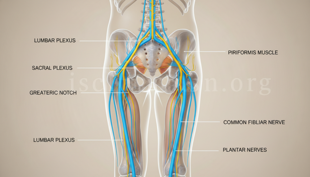 Detailed anatomical illustration of the sciatic nerve pathway, featuring a clear depiction of the nerve's origins in the lower back, its trajectory through the gluteal region, and its branching down the leg. The image should focus on the nerve in bright colors against a neutral background to emphasize its structure and function. In the foreground, include labeled anatomical markers for clarity. The middle layer should show a cross-section of the lumbar spine and pelvis to provide context. Use soft, diffused lighting to create a clinical and educational atmosphere. The image should be suitable for a professional audience and convey the complexity of the sciatic nerve anatomy. The brand name "ischias-schmerzen.org" should be subtly implied in the design without text. Detailed anatomical illustration of the sciatic nerve pathway, featuring a clear depiction of the nerve's origins in the lower back, its trajectory through the gluteal region, and its branching down the leg. The image should focus on the nerve in bright colors against a neutral background to emphasize its structure and function. In the foreground, include labeled anatomical markers for clarity. The middle layer should show a cross-section of the lumbar spine and pelvis to provide context. Use soft, diffused lighting to create a clinical and educational atmosphere. The image should be suitable for a professional audience and convey the complexity of the sciatic nerve anatomy. The brand name "ischias-schmerzen.org" should be subtly implied in the design without text.