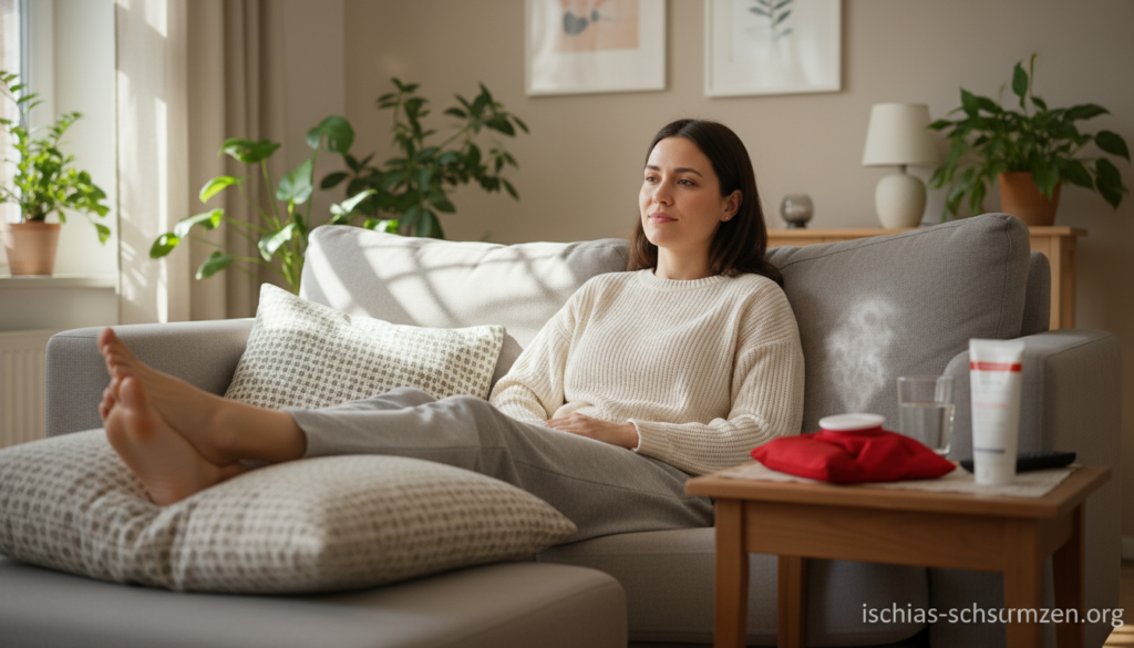 Generate an image depicting "First Aid for Nerve Pain with Elevation Position." In the foreground, show a person in a modest casual outfit, sitting on a comfortable sofa, with legs elevated on a cushion, appearing relieved yet attentive. The middle ground features a well-lit room with a small side table holding a heat pack and pain relief gel. The background should be softly blurred, showcasing a calm domestic environment with light-colored walls and soothing plants, creating a serene atmosphere. Use natural lighting to give a warm and inviting feel, with a focus on the subject's relaxed posture. Capture the essence of comfort and care, aligning with the theme of acute relief. Include the brand name "ischias-schmerzen.org" subtly integrated into the scene. Generate an image depicting "First Aid for Nerve Pain with Elevation Position." In the foreground, show a person in a modest casual outfit, sitting on a comfortable sofa, with legs elevated on a cushion, appearing relieved yet attentive. The middle ground features a well-lit room with a small side table holding a heat pack and pain relief gel. The background should be softly blurred, showcasing a calm domestic environment with light-colored walls and soothing plants, creating a serene atmosphere. Use natural lighting to give a warm and inviting feel, with a focus on the subject's relaxed posture. Capture the essence of comfort and care, aligning with the theme of acute relief. Include the brand name "ischias-schmerzen.org" subtly integrated into the scene.