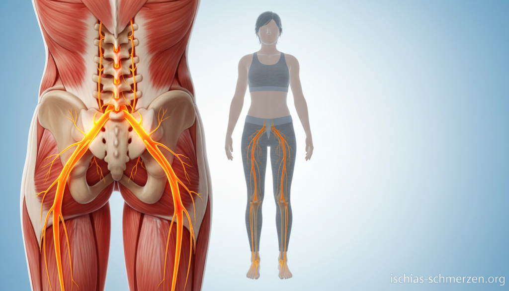 Illustrate the Verlauf des Ischiasnervs in the human body, showcasing a detailed anatomical representation. In the foreground, depict a medical illustration of the sciatic nerve, prominently highlighted in a contrasting color against the muscular structure. In the middle ground, include a semi-transparent overlay of a human silhouette wearing modest athletic clothing, focusing on the lower back and legs where the nerve branches extend. The background should be a soft-focus gradient of light blue and white, creating a calming atmosphere. Use warm lighting to highlight the nerve pathway, emphasizing the connection between the spine and lower limbs. Ensure the overall composition exudes an informative and professional tone, suitable for educational purposes. Incorporate the brand name "ischias-schmerzen.org" subtly in the lower corner. Illustrate the Verlauf des Ischiasnervs in the human body, showcasing a detailed anatomical representation. In the foreground, depict a medical illustration of the sciatic nerve, prominently highlighted in a contrasting color against the muscular structure. In the middle ground, include a semi-transparent overlay of a human silhouette wearing modest athletic clothing, focusing on the lower back and legs where the nerve branches extend. The background should be a soft-focus gradient of light blue and white, creating a calming atmosphere. Use warm lighting to highlight the nerve pathway, emphasizing the connection between the spine and lower limbs. Ensure the overall composition exudes an informative and professional tone, suitable for educational purposes. Incorporate the brand name "ischias-schmerzen.org" subtly in the lower corner.