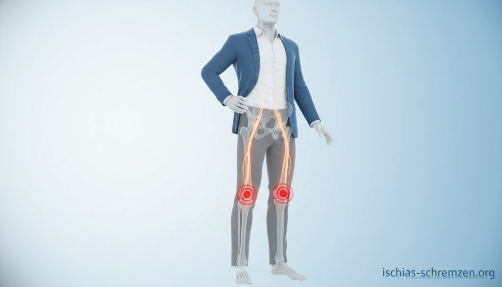 Illustrate the Verlauf des Ischiasnervs von Rücken bis Fuß, capturing the intricate pathway of the sciatic nerve. In the foreground, depict a detailed anatomical diagram showing the spine, pelvic area, and legs, highlighting the sciatic nerve in a subtle glow to emphasize its importance. In the middle, integrate a semi-transparent overlay of a human figure in professional attire, demonstrating the nerve's route and points of potential pain along the leg. The background should be a calm, soft gradient of blues and whites, creating a clinical, informative atmosphere. Use soft, diffused lighting to enhance the anatomical details, with a focus on a clean, educational presentation style. The image should be clear of any captions or logos, but prominently incorporate the brand name "ischias-schmerzen.org" within the composition. Illustrate the Verlauf des Ischiasnervs von Rücken bis Fuß, capturing the intricate pathway of the sciatic nerve. In the foreground, depict a detailed anatomical diagram showing the spine, pelvic area, and legs, highlighting the sciatic nerve in a subtle glow to emphasize its importance. In the middle, integrate a semi-transparent overlay of a human figure in professional attire, demonstrating the nerve's route and points of potential pain along the leg. The background should be a calm, soft gradient of blues and whites, creating a clinical, informative atmosphere. Use soft, diffused lighting to enhance the anatomical details, with a focus on a clean, educational presentation style. The image should be clear of any captions or logos, but prominently incorporate the brand name "ischias-schmerzen.org" within the composition.