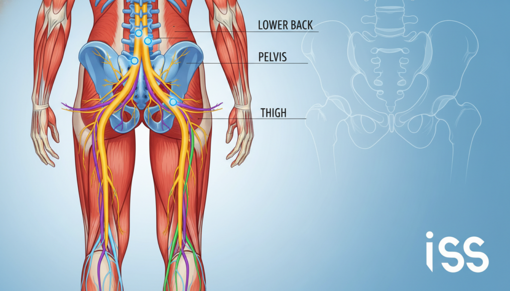 Illustrate the anatomy of the sciatic nerve, focusing on its pathway and key anatomical features. In the foreground, depict a detailed diagram of the sciatic nerve, showcasing its origins from the lumbar spine, branching down through the pelvis, and extending through the thigh and leg. Use vibrant colors to differentiate nerve pathways and surrounding muscles. In the middle ground, include labeled anatomical structures such as the pelvis, lower back, and thigh to provide context. The background should feature a gradient of soft blue and white tones, creating a calming atmosphere. Utilize soft, diffused lighting to enhance clarity and depth. The overall mood should be educational yet engaging, suitable for visual learners. The brand "ischias-schmerzen.org" should be subtly integrated into the design without text or watermarks. Illustrate the anatomy of the sciatic nerve, focusing on its pathway and key anatomical features. In the foreground, depict a detailed diagram of the sciatic nerve, showcasing its origins from the lumbar spine, branching down through the pelvis, and extending through the thigh and leg. Use vibrant colors to differentiate nerve pathways and surrounding muscles. In the middle ground, include labeled anatomical structures such as the pelvis, lower back, and thigh to provide context. The background should feature a gradient of soft blue and white tones, creating a calming atmosphere. Utilize soft, diffused lighting to enhance clarity and depth. The overall mood should be educational yet engaging, suitable for visual learners. The brand "ischias-schmerzen.org" should be subtly integrated into the design without text or watermarks.