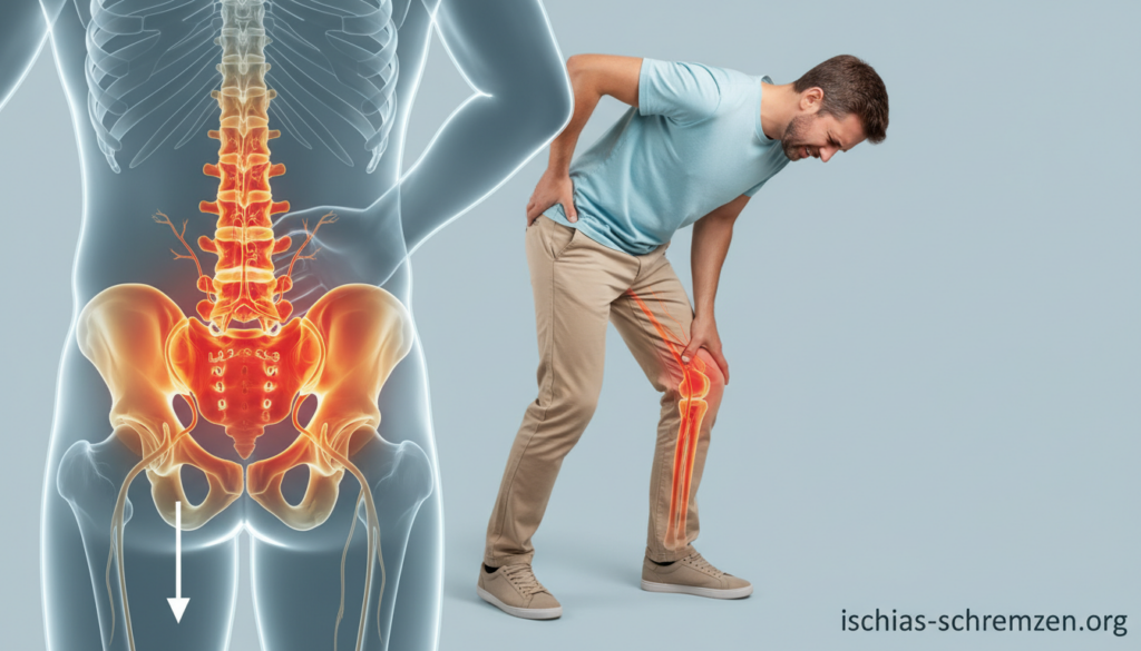 In a medical infographic style, illustrate the progression of sciatic pain from the lower back radiating into the leg. The foreground features a detailed anatomical diagram highlighting the spine and sciatic nerve, with noticeable indicators of pain areas using color gradients. In the middle ground, show a person in modest casual clothing experiencing discomfort while standing, with a slightly hunched posture, and a pained expression. The background should be a soft, neutral color to keep the focus on the subject, enhancing visibility. Use soft lighting to create a calm, clinical atmosphere, with a close-up angle that emphasizes the connection between the back and the leg. The design should be clear and educational, suitable for a professional context, and incorporate the brand name "ischias-schmerzen.org" subtly within the layout. In a medical infographic style, illustrate the progression of sciatic pain from the lower back radiating into the leg. The foreground features a detailed anatomical diagram highlighting the spine and sciatic nerve, with noticeable indicators of pain areas using color gradients. In the middle ground, show a person in modest casual clothing experiencing discomfort while standing, with a slightly hunched posture, and a pained expression. The background should be a soft, neutral color to keep the focus on the subject, enhancing visibility. Use soft lighting to create a calm, clinical atmosphere, with a close-up angle that emphasizes the connection between the back and the leg. The design should be clear and educational, suitable for a professional context, and incorporate the brand name "ischias-schmerzen.org" subtly within the layout.
