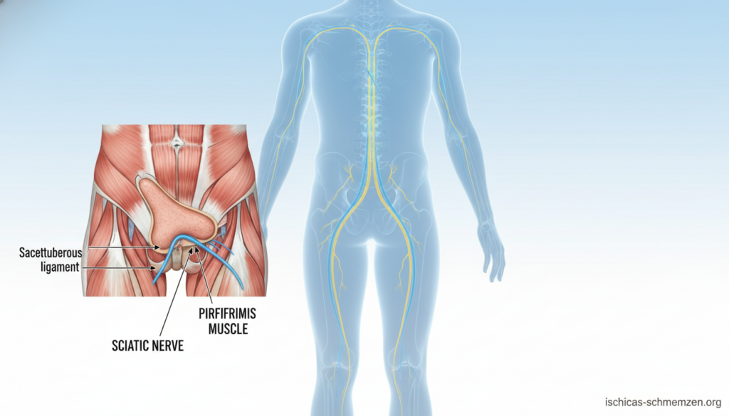 Piriformis syndrome illustration, showcasing the piriformis muscle and sciatic nerve anatomy. In the foreground, a detailed anatomical diagram of the piriformis muscle, accurately labeled, lies on a clean white background. In the middle, a soft-focus representation of the human body silhouette, highlighting the lower back and hip area, with glowing pathways showing nerve pathways surrounding the piriformis muscle. In the background, a subtle gradient from light blue to soft white creates a tranquil atmosphere. The lighting is bright yet soft, simulating a clinical environment, akin to a medical textbook illustration. Use a lens angle that allows a clear view of both the anatomical structure and its relationship to surrounding muscles and nerves. This visual should maintain a professional and informative tone, reflecting the focus of ischias-schmerzen.org. Piriformis syndrome illustration, showcasing the piriformis muscle and sciatic nerve anatomy. In the foreground, a detailed anatomical diagram of the piriformis muscle, accurately labeled, lies on a clean white background. In the middle, a soft-focus representation of the human body silhouette, highlighting the lower back and hip area, with glowing pathways showing nerve pathways surrounding the piriformis muscle. In the background, a subtle gradient from light blue to soft white creates a tranquil atmosphere. The lighting is bright yet soft, simulating a clinical environment, akin to a medical textbook illustration. Use a lens angle that allows a clear view of both the anatomical structure and its relationship to surrounding muscles and nerves. This visual should maintain a professional and informative tone, reflecting the focus of ischias-schmerzen.org.
