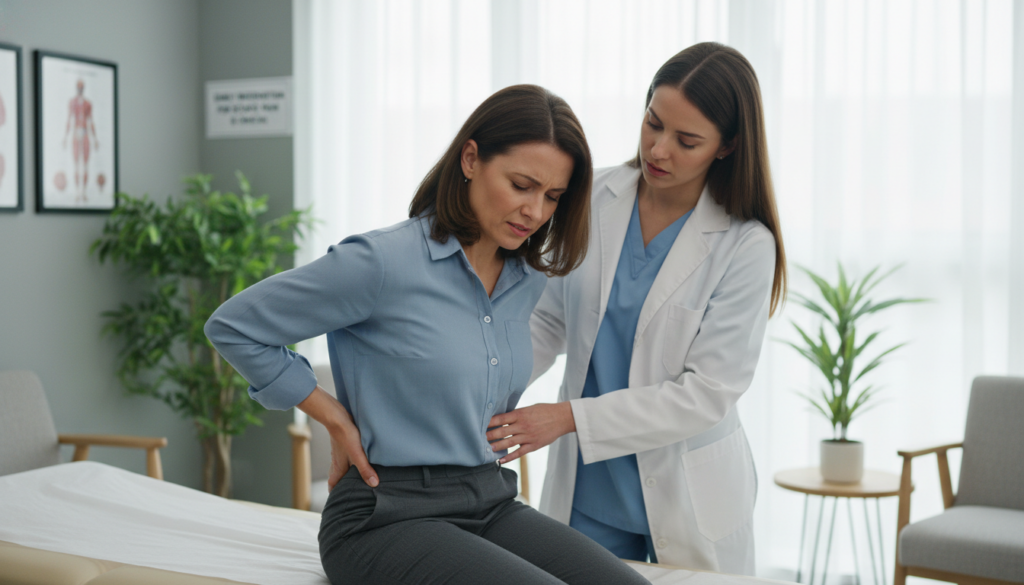 A concerned individual experiencing lower back pain, representing sciatic nerve issues, is seated at a doctor's office. In the foreground, the person is in their 30s, wearing smart casual clothing, displaying a pained expression while holding their lower back. In the middle ground, a doctor in professional attire is examining the patient, showing empathy and attentiveness. The background features a calming, well-lit waiting room with soft, natural light streaming through a window, casting gentle shadows. The atmosphere is serious yet hopeful, conveying the importance of seeking medical advice immediately for sciatic-related weakness. Ensure the composition feels realistic and relatable, avoiding any overly polished or high-gloss appearance. A concerned individual experiencing lower back pain, representing sciatic nerve issues, is seated at a doctor's office. In the foreground, the person is in their 30s, wearing smart casual clothing, displaying a pained expression while holding their lower back. In the middle ground, a doctor in professional attire is examining the patient, showing empathy and attentiveness. The background features a calming, well-lit waiting room with soft, natural light streaming through a window, casting gentle shadows. The atmosphere is serious yet hopeful, conveying the importance of seeking medical advice immediately for sciatic-related weakness. Ensure the composition feels realistic and relatable, avoiding any overly polished or high-gloss appearance.