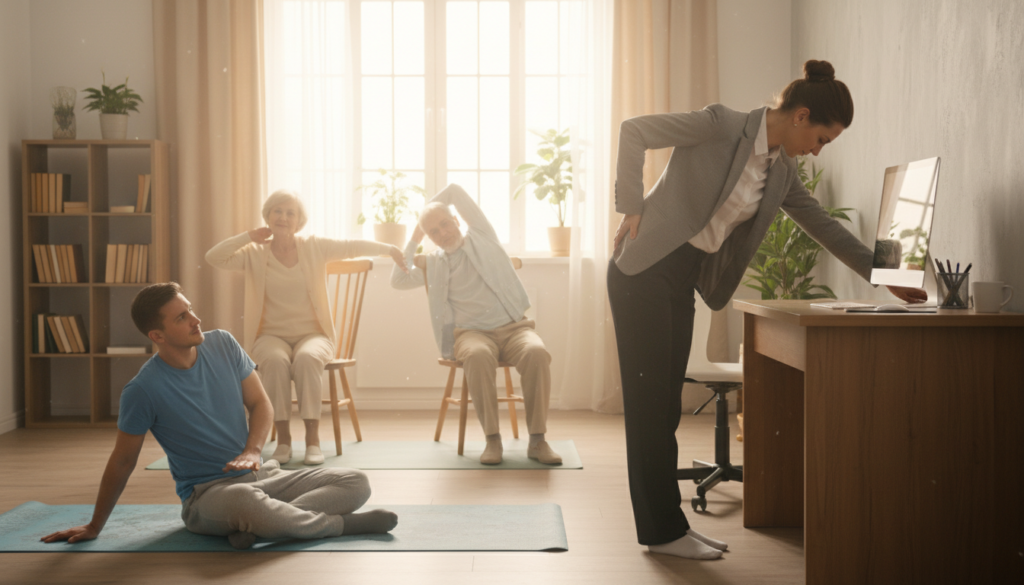 A cozy indoor setting showcasing a diverse group of four individuals engaged in everyday back exercises. In the foreground, a woman in professional business attire stretches her lower back while standing near a home office desk. To the left, a man in modest casual clothing performs a seated twist on a yoga mat laid out on the floor. In the middle ground, two elderly individuals, a man and a woman, are participating in gentle exercises, using support from a sturdy chair. The background features soft natural light filtering through a window, illuminating the room with a warm, inviting glow. The atmosphere is calm and serene, emphasizing wellness and the importance of incorporating back exercises into daily life. A cozy indoor setting showcasing a diverse group of four individuals engaged in everyday back exercises. In the foreground, a woman in professional business attire stretches her lower back while standing near a home office desk. To the left, a man in modest casual clothing performs a seated twist on a yoga mat laid out on the floor. In the middle ground, two elderly individuals, a man and a woman, are participating in gentle exercises, using support from a sturdy chair. The background features soft natural light filtering through a window, illuminating the room with a warm, inviting glow. The atmosphere is calm and serene, emphasizing wellness and the importance of incorporating back exercises into daily life.