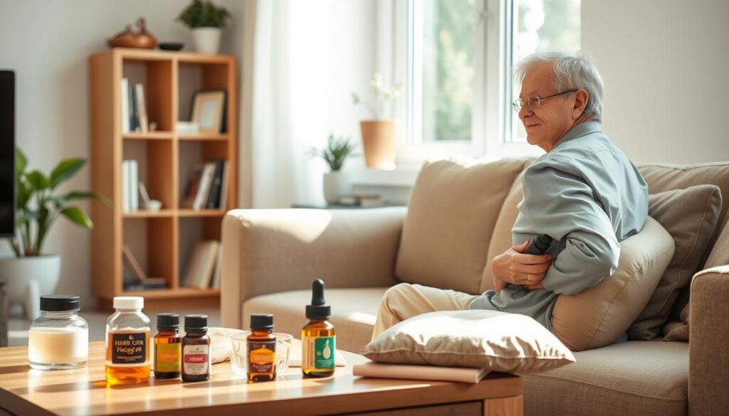 A cozy living room scene illustrating home remedies for back pain therapy. In the foreground, a middle-aged person in comfortable, professional attire sits on a soft sofa with a supportive cushion behind their lower back, looking relaxed. On a nearby coffee table, there are essential oils, herbal tea, and a heat pack. In the middle ground, a small bookshelf filled with wellness books and a potted plant adds a touch of warmth. The background features a window with natural sunlight streaming in, illuminating the room softly. The atmosphere is calm and nurturing, evoking a sense of healing and comfort, highlighting effective home approaches to managing back pain. A cozy living room scene illustrating home remedies for back pain therapy. In the foreground, a middle-aged person in comfortable, professional attire sits on a soft sofa with a supportive cushion behind their lower back, looking relaxed. On a nearby coffee table, there are essential oils, herbal tea, and a heat pack. In the middle ground, a small bookshelf filled with wellness books and a potted plant adds a touch of warmth. The background features a window with natural sunlight streaming in, illuminating the room softly. The atmosphere is calm and nurturing, evoking a sense of healing and comfort, highlighting effective home approaches to managing back pain.