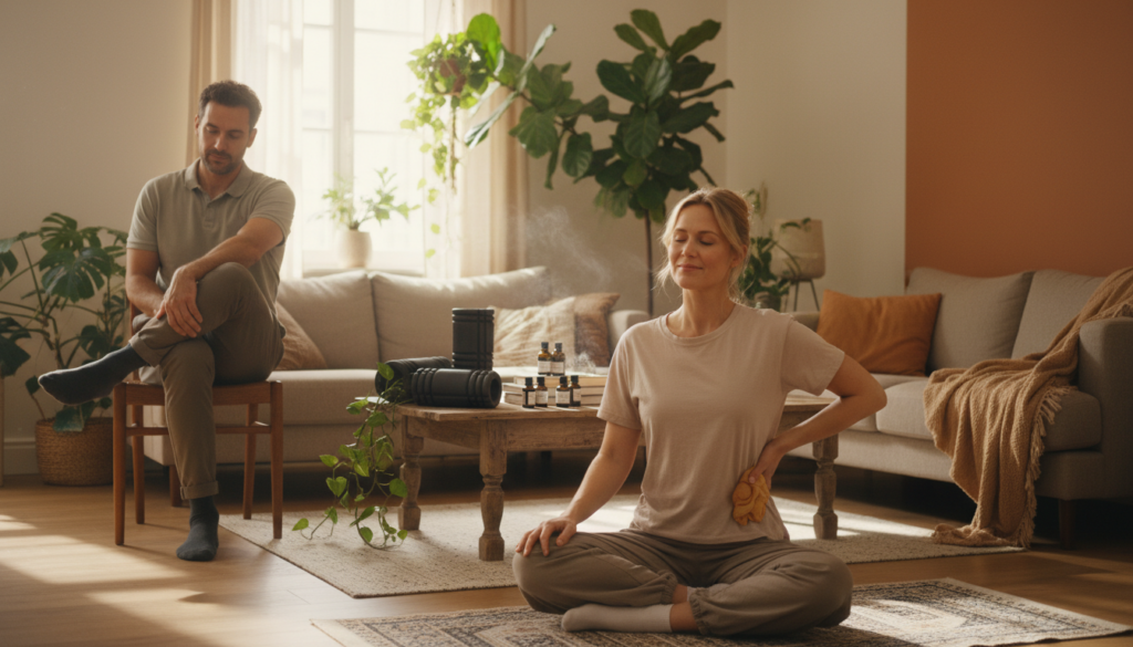 A cozy, well-lit living room scene featuring a diverse group of individuals practicing self-help techniques for alleviating discomfort related to sciatica or ISG issues. In the foreground, a woman in modest casual clothing sits on a yoga mat, gently applying a warm compress to her lower back. Beside her, a man demonstrates gentle stretches while sitting on a chair. In the middle, a small table displays tools for self-help, such as foam rollers and essential oils. The background reveals a calming atmosphere with plants, soft lighting, and warm colors that evoke a sense of comfort and relaxation. The setting feels natural and realistic, with sunlight filtering through a window, creating a serene and inviting mood. A cozy, well-lit living room scene featuring a diverse group of individuals practicing self-help techniques for alleviating discomfort related to sciatica or ISG issues. In the foreground, a woman in modest casual clothing sits on a yoga mat, gently applying a warm compress to her lower back. Beside her, a man demonstrates gentle stretches while sitting on a chair. In the middle, a small table displays tools for self-help, such as foam rollers and essential oils. The background reveals a calming atmosphere with plants, soft lighting, and warm colors that evoke a sense of comfort and relaxation. The setting feels natural and realistic, with sunlight filtering through a window, creating a serene and inviting mood.