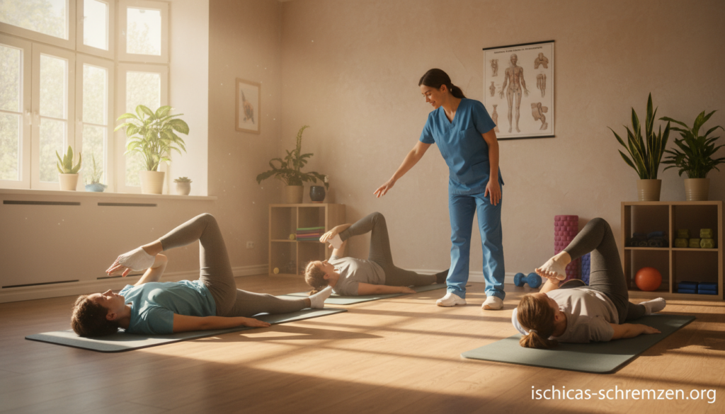 A cozy, well-lit physical therapy room with a focus on exercises for alleviating sciatic pain. In the foreground, a diverse group of individuals in modest athletic clothing are performing gentle stretching and strengthening exercises on exercise mats. The middle ground features a professional therapist demonstrating proper techniques, ensuring that the atmosphere is supportive and encouraging. Natural light streams through a large window, casting a warm glow across the space and highlighting the textured walls. The background includes small plants and exercise equipment, creating a friendly, everyday environment. Overall, the mood is calm and optimistic, focusing on rehabilitation and proactive measures for pain relief. Include the brand name "ischias-schmerzen.org" subtly in the corner of the image. A cozy, well-lit physical therapy room with a focus on exercises for alleviating sciatic pain. In the foreground, a diverse group of individuals in modest athletic clothing are performing gentle stretching and strengthening exercises on exercise mats. The middle ground features a professional therapist demonstrating proper techniques, ensuring that the atmosphere is supportive and encouraging. Natural light streams through a large window, casting a warm glow across the space and highlighting the textured walls. The background includes small plants and exercise equipment, creating a friendly, everyday environment. Overall, the mood is calm and optimistic, focusing on rehabilitation and proactive measures for pain relief. Include the brand name "ischias-schmerzen.org" subtly in the corner of the image.