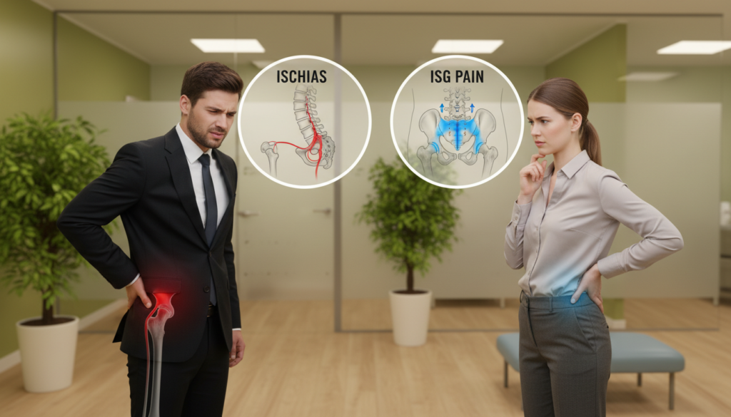 A detailed anatomical illustration comparing "Ischias" and "ISG" pain symptoms. In the foreground, feature two human figures in professional attire, standing side by side. The figure on the left, representing Ischias, gently holds their lower back with a pained expression while the figure on the right, representing ISG pain, touches their hip area, looking contemplative. In the middle ground, include labeled diagrams of the lumbar spine and sacroiliac joint, highlighting the differences between the two conditions. The background should be a softly lit, natural indoor setting, evoking a calm and informative atmosphere. Use warm, soft lighting to enhance the realistic feel, and capture the scene from a slightly angled perspective to add depth without overwhelming the viewer. A detailed anatomical illustration comparing "Ischias" and "ISG" pain symptoms. In the foreground, feature two human figures in professional attire, standing side by side. The figure on the left, representing Ischias, gently holds their lower back with a pained expression while the figure on the right, representing ISG pain, touches their hip area, looking contemplative. In the middle ground, include labeled diagrams of the lumbar spine and sacroiliac joint, highlighting the differences between the two conditions. The background should be a softly lit, natural indoor setting, evoking a calm and informative atmosphere. Use warm, soft lighting to enhance the realistic feel, and capture the scene from a slightly angled perspective to add depth without overwhelming the viewer.