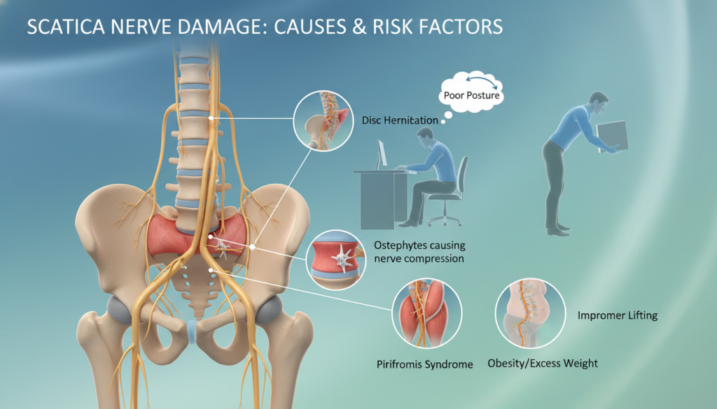 A detailed anatomical illustration focused on the causes and risk factors of sciatica nerve damage. In the foreground, highlight a spine and pelvis in natural colors, showing the sciatic nerve clearly running from the lower back down the leg. The middle ground features subtle representations of common risk factors such as a person in business casual attire sitting at a desk, emphasizing poor posture, and a background with a gentle gradient of soft blues and greens to evoke tranquility. Natural light illuminates the scene, casting soft shadows to enhance realism. The mood is informative yet serene, inviting the viewer to understand the complexities of sciatica nerve issues without overwhelming them with excessive detail. A detailed anatomical illustration focused on the causes and risk factors of sciatica nerve damage. In the foreground, highlight a spine and pelvis in natural colors, showing the sciatic nerve clearly running from the lower back down the leg. The middle ground features subtle representations of common risk factors such as a person in business casual attire sitting at a desk, emphasizing poor posture, and a background with a gentle gradient of soft blues and greens to evoke tranquility. Natural light illuminates the scene, casting soft shadows to enhance realism. The mood is informative yet serene, inviting the viewer to understand the complexities of sciatica nerve issues without overwhelming them with excessive detail.
