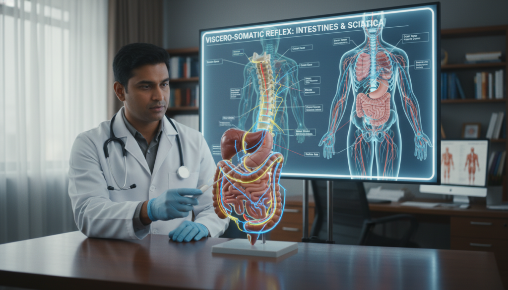 A detailed anatomical illustration focusing on the reflex mechanisms between the intestines and the back, suitable for a medical article. In the foreground, depict a professional male physician in a white coat, examining model anatomical structures of the lower back and digestive system, showcasing interconnections and reflex paths. In the middle ground, show a diagrammatic representation of the spine and intestines, with highlighted nerve pathways and relevant muscle groups. The background features a softly-lit medical office setting with natural light streaming through a window, creating a calm and educational atmosphere. The overall mood is informative and professional, clearly illustrating the relationship between sciatica-related intestinal disorders. A detailed anatomical illustration focusing on the reflex mechanisms between the intestines and the back, suitable for a medical article. In the foreground, depict a professional male physician in a white coat, examining model anatomical structures of the lower back and digestive system, showcasing interconnections and reflex paths. In the middle ground, show a diagrammatic representation of the spine and intestines, with highlighted nerve pathways and relevant muscle groups. The background features a softly-lit medical office setting with natural light streaming through a window, creating a calm and educational atmosphere. The overall mood is informative and professional, clearly illustrating the relationship between sciatica-related intestinal disorders.