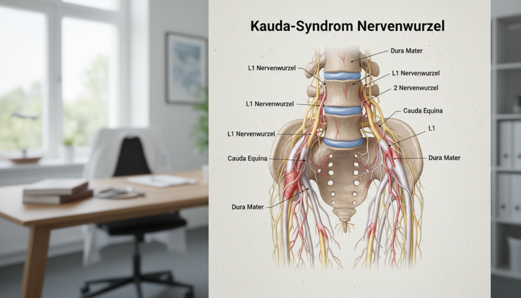 A detailed anatomical illustration of "Kauda-Syndrom Nervenwurzel" showcasing the nervous system, focusing on the cauda equina and nerve roots. In the foreground, highlight the intricate network of nerves with bright, realistic colors, emphasizing the lumbar and sacral regions. The middle ground should feature a clear cross-sectional view of the spine, with labeled nerve roots for educational purposes. In the background, create a subtle representation of a clinical setting, like a doctor’s office with natural light streaming through a window, giving a sense of a professional atmosphere. The mood should be educational and informative, with a clean, natural look that avoids any high-gloss finish, maintaining a realistic appearance suitable for a medical article. A detailed anatomical illustration of "Kauda-Syndrom Nervenwurzel" showcasing the nervous system, focusing on the cauda equina and nerve roots. In the foreground, highlight the intricate network of nerves with bright, realistic colors, emphasizing the lumbar and sacral regions. The middle ground should feature a clear cross-sectional view of the spine, with labeled nerve roots for educational purposes. In the background, create a subtle representation of a clinical setting, like a doctor’s office with natural light streaming through a window, giving a sense of a professional atmosphere. The mood should be educational and informative, with a clean, natural look that avoids any high-gloss finish, maintaining a realistic appearance suitable for a medical article.