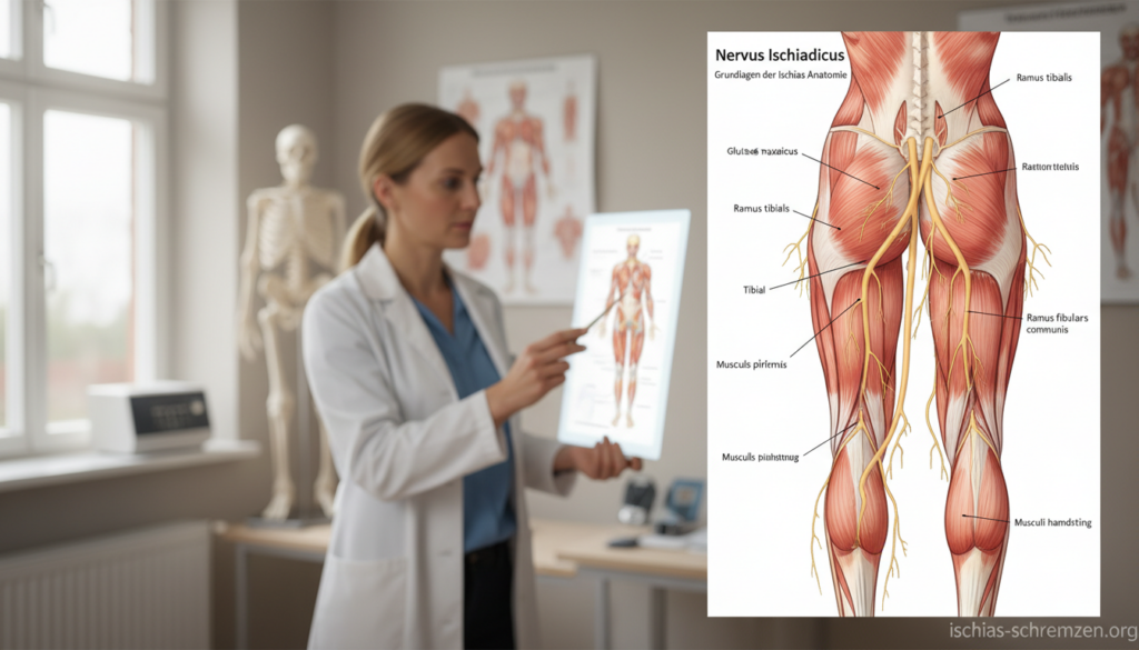A detailed anatomical illustration of the "Nervus ischiadicus" in a natural setting to reflect the section "Grundlagen der ischias anatomie." In the foreground, a realistic diagram of the sciatic nerve anatomy is depicted, including key branches and surrounding muscles, illustrated in a way that emphasizes clarity and educational value. In the middle ground, a softly blurred human figure, dressed in professional attire, is shown pointing to the nerve location on a transparent overlay, creating an engaging interaction. The background features blurred anatomical charts and a neutral-toned clinical environment, softly lit by natural light, creating a warm and informative atmosphere. The image should resonate with a sense of professionalism and education, avoiding any high-gloss appearance. Include the brand "ischias-schmerzen.org" subtly within the composition, ensuring it blends with the overall design. A detailed anatomical illustration of the "Nervus ischiadicus" in a natural setting to reflect the section "Grundlagen der ischias anatomie." In the foreground, a realistic diagram of the sciatic nerve anatomy is depicted, including key branches and surrounding muscles, illustrated in a way that emphasizes clarity and educational value. In the middle ground, a softly blurred human figure, dressed in professional attire, is shown pointing to the nerve location on a transparent overlay, creating an engaging interaction. The background features blurred anatomical charts and a neutral-toned clinical environment, softly lit by natural light, creating a warm and informative atmosphere. The image should resonate with a sense of professionalism and education, avoiding any high-gloss appearance. Include the brand "ischias-schmerzen.org" subtly within the composition, ensuring it blends with the overall design.