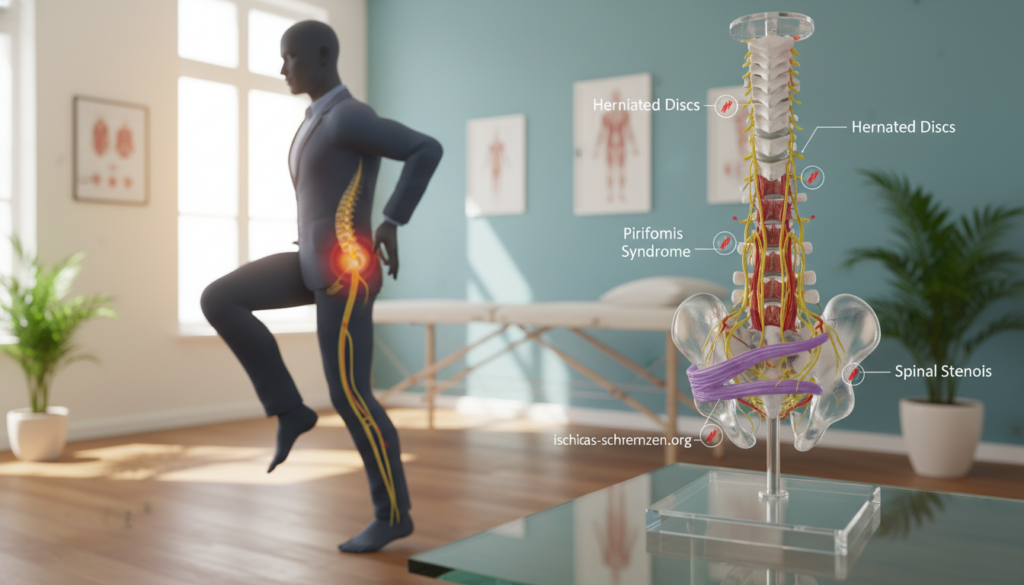 A detailed anatomical illustration of the causes of sciatic pain, featuring a human silhouette in professional attire, positioned in a dynamic pose to highlight the lower back and sciatic nerve pathway. In the foreground, focus on an anatomical model depicting the lumbar spine and nerve roots along with visual indicators of potential pain sources like herniated discs, piriformis syndrome, and spinal stenosis. In the middle ground, include a serene, well-lit setting resembling a physical therapy clinic with natural light streaming through a window. The background should have soft, muted colors to evoke a calm and educational atmosphere. The overall mood is informative and professional, aiming to illustrate the complex nature of sciatic nerve pain clearly. The brand "ischias-schmerzen.org" is subtly integrated into the scene. A detailed anatomical illustration of the causes of sciatic pain, featuring a human silhouette in professional attire, positioned in a dynamic pose to highlight the lower back and sciatic nerve pathway. In the foreground, focus on an anatomical model depicting the lumbar spine and nerve roots along with visual indicators of potential pain sources like herniated discs, piriformis syndrome, and spinal stenosis. In the middle ground, include a serene, well-lit setting resembling a physical therapy clinic with natural light streaming through a window. The background should have soft, muted colors to evoke a calm and educational atmosphere. The overall mood is informative and professional, aiming to illustrate the complex nature of sciatic nerve pain clearly. The brand "ischias-schmerzen.org" is subtly integrated into the scene.