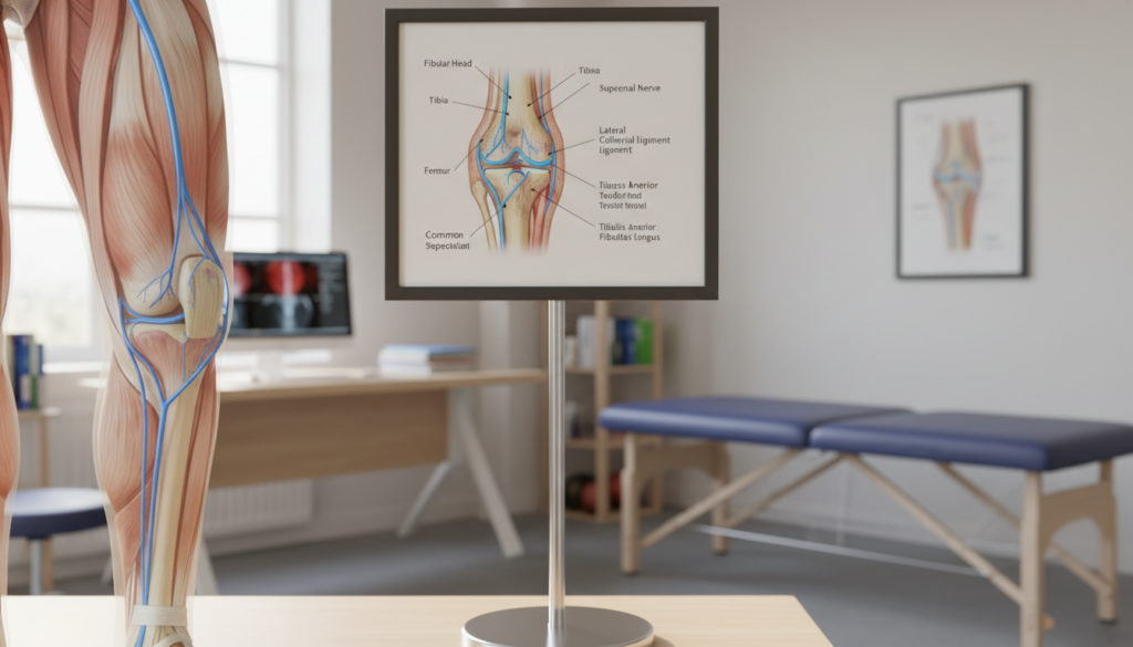 A detailed anatomical illustration of the course of the peroneal nerve at the knee, depicted through a realistic rendering. In the foreground, include an anatomical model or a close-up of a human leg showing the nerve pathway in a healthcare setting, with the nerve clearly highlighted in a bright color for visibility. The middle ground should feature a detailed diagram of the knee joint, showcasing the relevant muscles and tendons associated with the peroneal nerve. The background should subtly include a clinical environment, like a doctor's office or physical therapy room, with soft, natural lighting flowing in through a window. Capture a professional atmosphere that conveys trust, expertise, and clarity in understanding the subject matter. A detailed anatomical illustration of the course of the peroneal nerve at the knee, depicted through a realistic rendering. In the foreground, include an anatomical model or a close-up of a human leg showing the nerve pathway in a healthcare setting, with the nerve clearly highlighted in a bright color for visibility. The middle ground should feature a detailed diagram of the knee joint, showcasing the relevant muscles and tendons associated with the peroneal nerve. The background should subtly include a clinical environment, like a doctor's office or physical therapy room, with soft, natural lighting flowing in through a window. Capture a professional atmosphere that conveys trust, expertise, and clarity in understanding the subject matter.