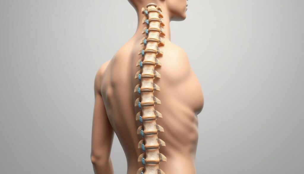 A detailed anatomical illustration of the human spine, highlighting the vertebrae, nerve roots, and intervertebral discs. The spine should be central in the foreground, depicted in a natural color palette with realistic textures. The middle layer includes a faint outline of surrounding muscle groups and soft tissue to show the anatomical context. In the background, a simple gradient mimics a neutral clinical environment, enhancing focus on the spine. The lighting is soft and natural, evoking a sense of calm and professionalism. The image should be presented from a slightly angled side view, providing depth and clarity to the anatomical structures, avoiding any stylized or high-gloss appearance. A detailed anatomical illustration of the human spine, highlighting the vertebrae, nerve roots, and intervertebral discs. The spine should be central in the foreground, depicted in a natural color palette with realistic textures. The middle layer includes a faint outline of surrounding muscle groups and soft tissue to show the anatomical context. In the background, a simple gradient mimics a neutral clinical environment, enhancing focus on the spine. The lighting is soft and natural, evoking a sense of calm and professionalism. The image should be presented from a slightly angled side view, providing depth and clarity to the anatomical structures, avoiding any stylized or high-gloss appearance.