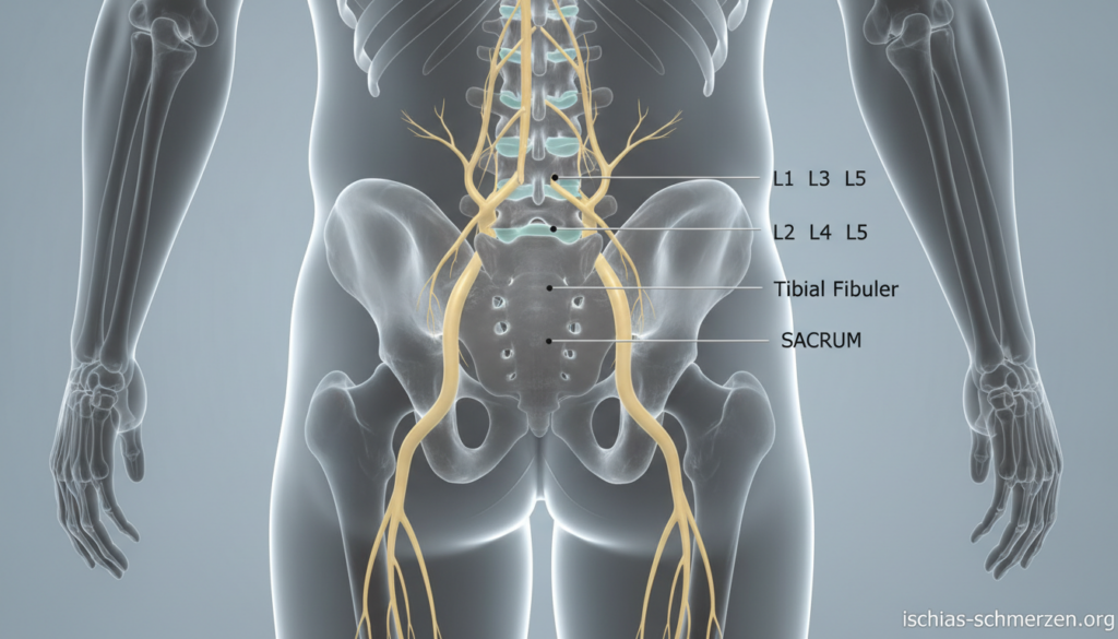 A detailed anatomical illustration of the sciatic nerve, showcasing its pathway from the spine through the pelvis. The foreground should focus on the lumbar vertebrae and the sacrum, accurately labeled to highlight key anatomical features. In the middle ground, the sciatic nerve emerges prominently, with a realistic depiction of its branching towards the lower limbs. The background should include a subtle representation of the pelvis, illustrating its connection to the spine. Use natural lighting to create a clear and educational atmosphere, avoiding any artificial gloss. The image should reflect a professional and informative style, intended for educational purposes. It should not contain captions or any unnecessary text overlays. Include the brand "ischias-schmerzen.org" in the lower corner in a discreet, non-intrusive manner. A detailed anatomical illustration of the sciatic nerve, showcasing its pathway from the spine through the pelvis. The foreground should focus on the lumbar vertebrae and the sacrum, accurately labeled to highlight key anatomical features. In the middle ground, the sciatic nerve emerges prominently, with a realistic depiction of its branching towards the lower limbs. The background should include a subtle representation of the pelvis, illustrating its connection to the spine. Use natural lighting to create a clear and educational atmosphere, avoiding any artificial gloss. The image should reflect a professional and informative style, intended for educational purposes. It should not contain captions or any unnecessary text overlays. Include the brand "ischias-schmerzen.org" in the lower corner in a discreet, non-intrusive manner.